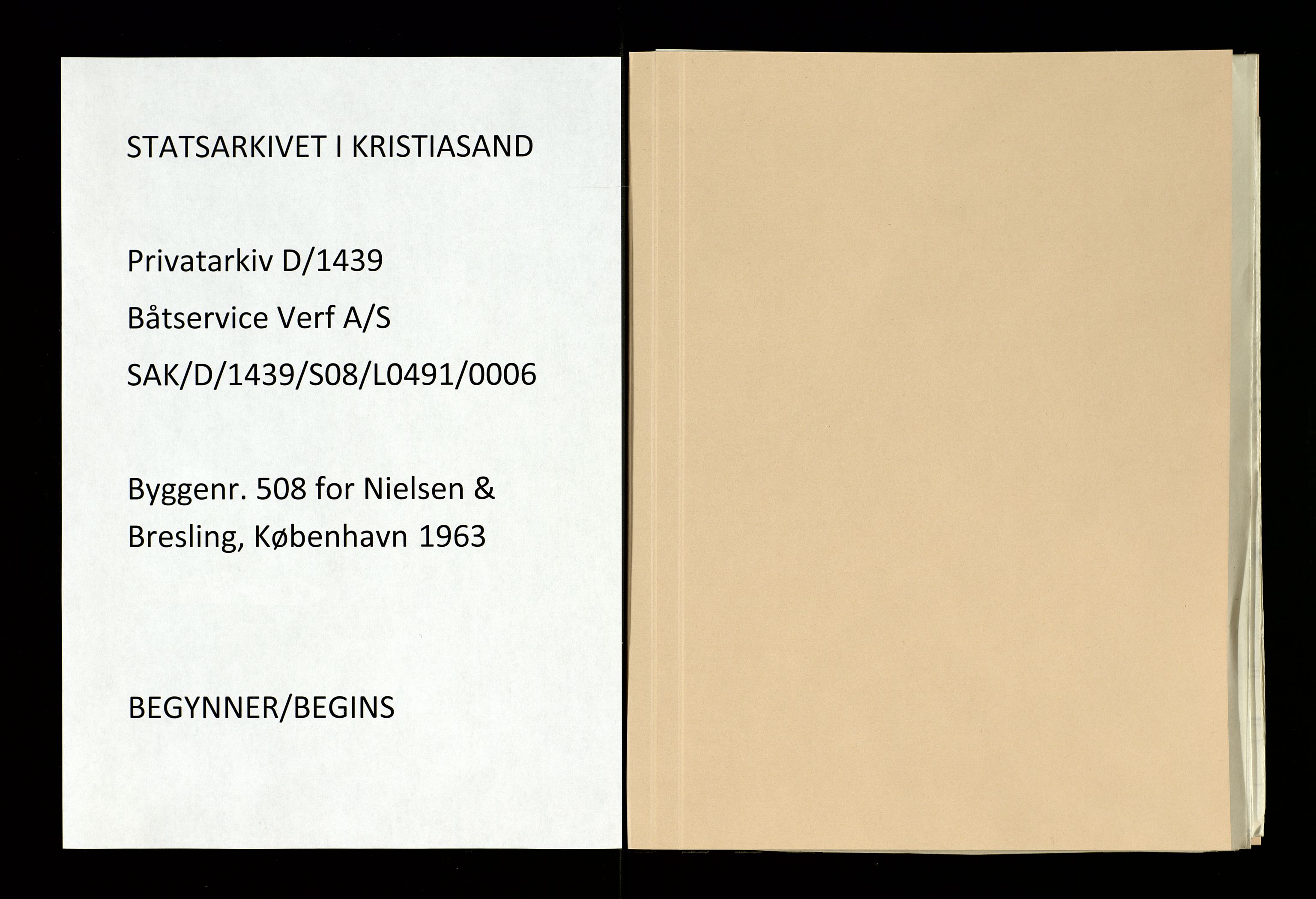Båtservice Verft A/S, SAK/D/1439/S08/L0491/0006: Kontrakter / Byggenr. 508 for Nielsen & Bresling, København, 1963