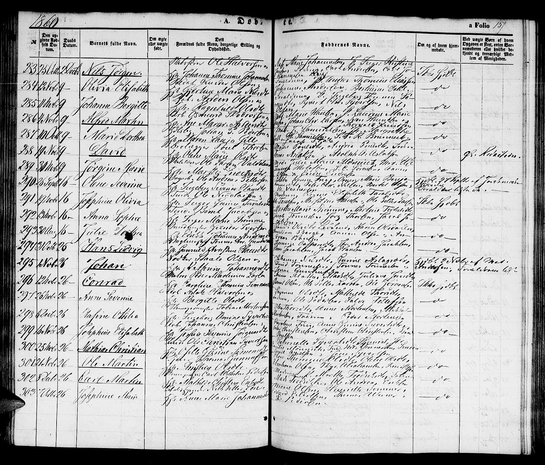 Kristiansand domprosti, SAK/1112-0006/F/Fb/L0011: Parish register (copy) no. B 11, 1851-1861, p. 157