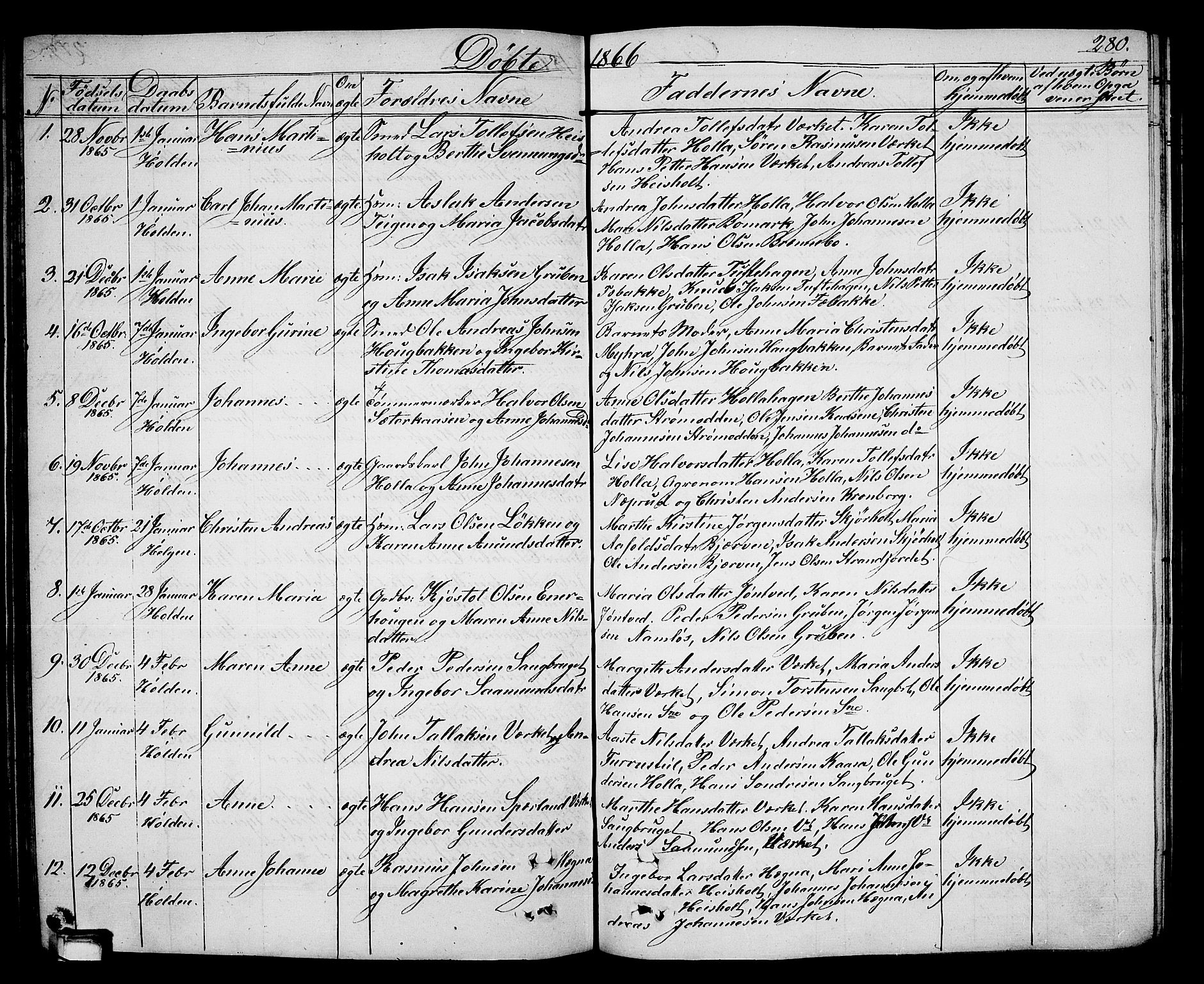 Holla kirkebøker, SAKO/A-272/G/Ga/L0003: Parish register (copy) no. I 3, 1849-1866, p. 280
