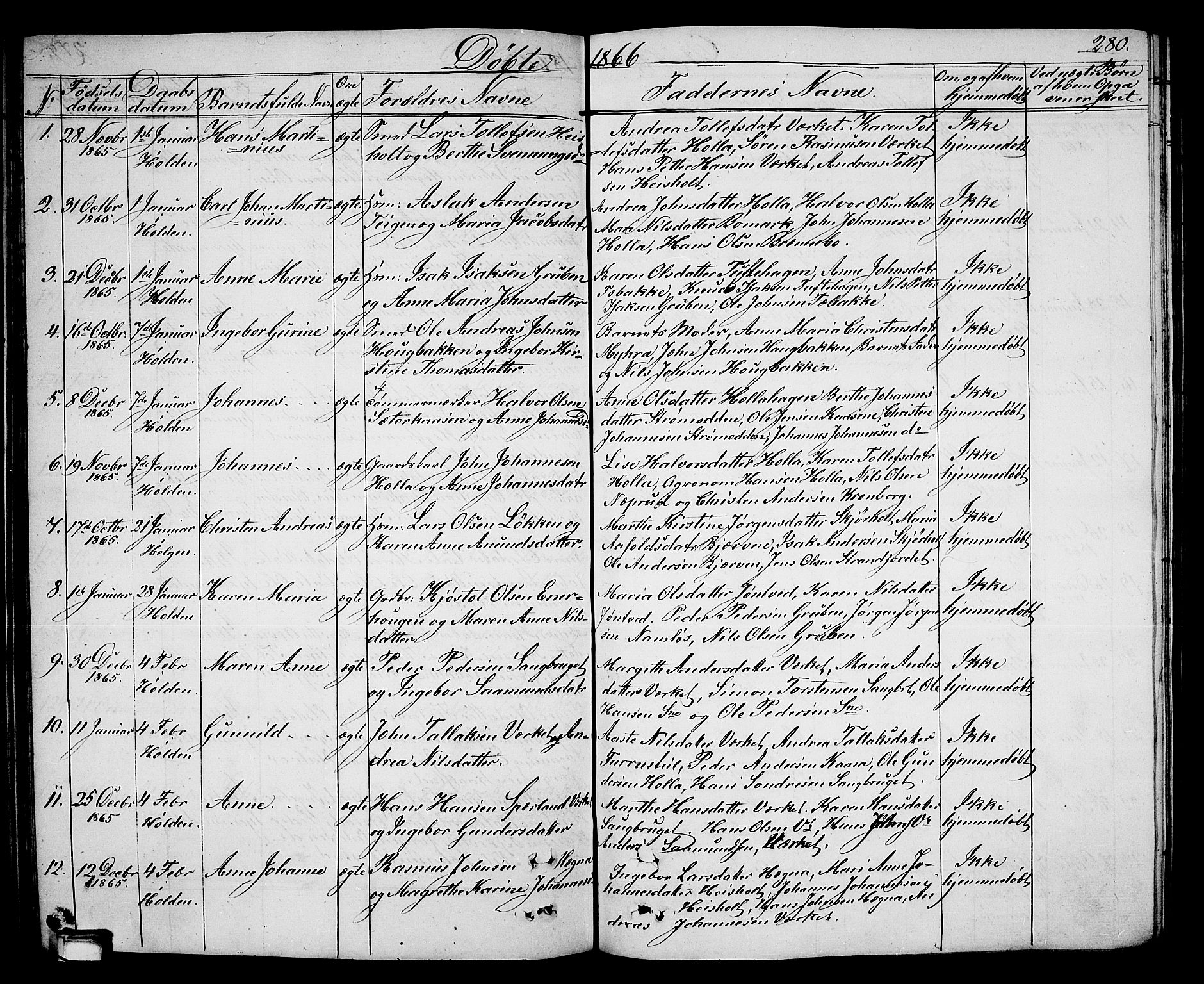 Holla kirkebøker, AV/SAKO-A-272/G/Ga/L0003: Parish register (copy) no. I 3, 1849-1866, p. 280