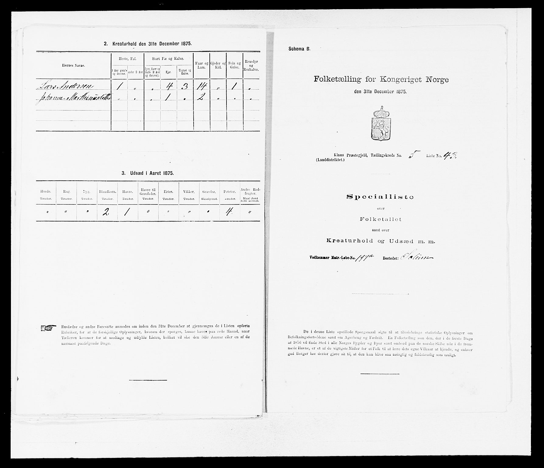 SAB, 1875 census for 1437L Kinn/Kinn og Svanøy, 1875, p. 598