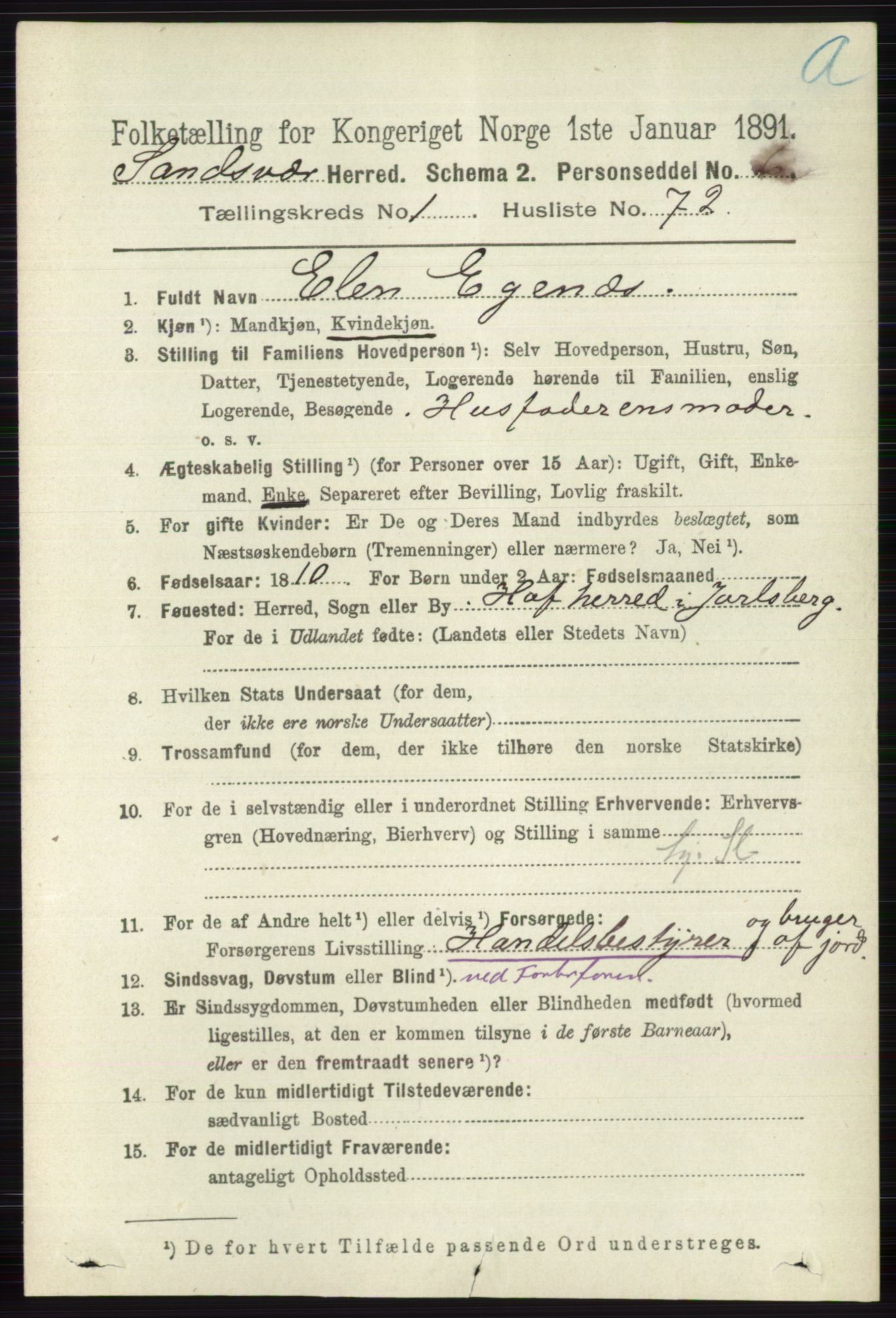 RA, 1891 census for 0629 Sandsvær, 1891, p. 582