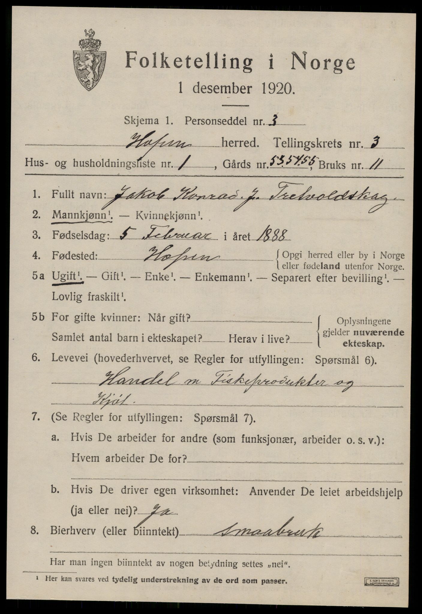 SAT, 1920 census for Hopen, 1920, p. 1502