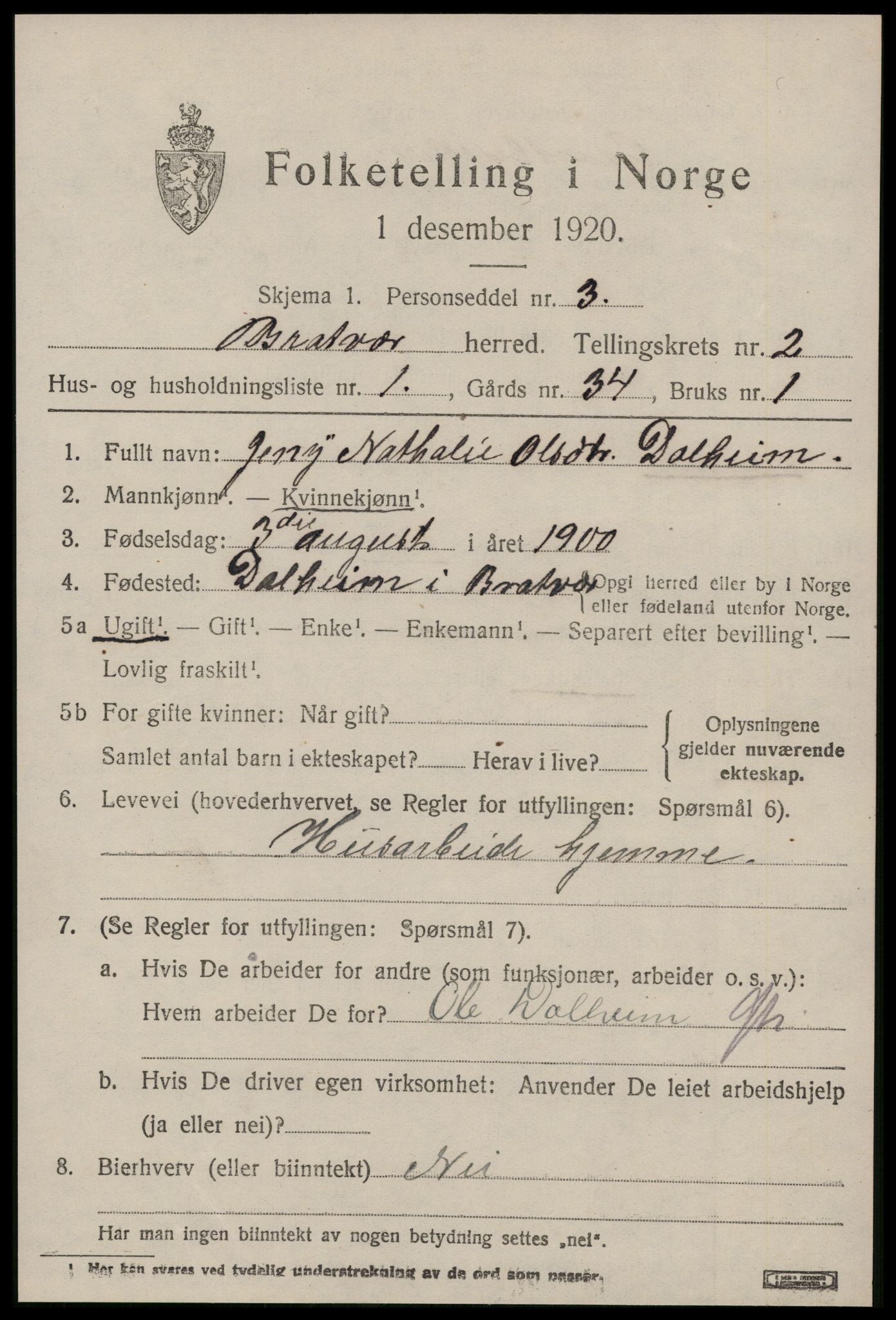 SAT, 1920 census for Brattvær, 1920, p. 788