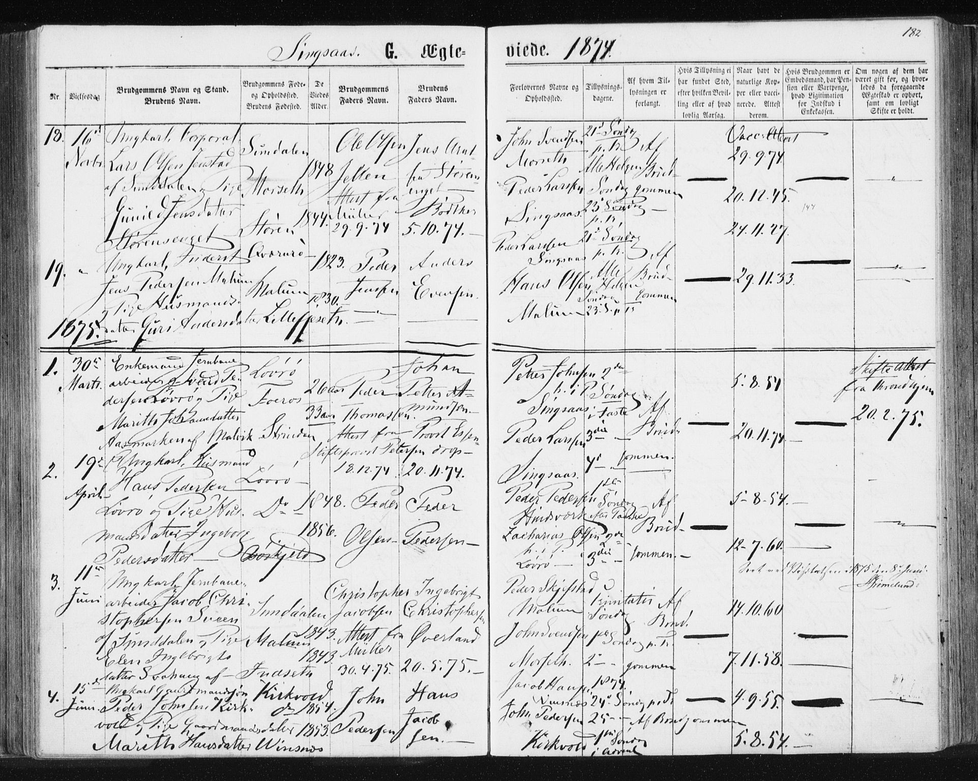 Ministerialprotokoller, klokkerbøker og fødselsregistre - Sør-Trøndelag, SAT/A-1456/685/L0970: Parish register (official) no. 685A08 /2, 1870-1878, p. 182