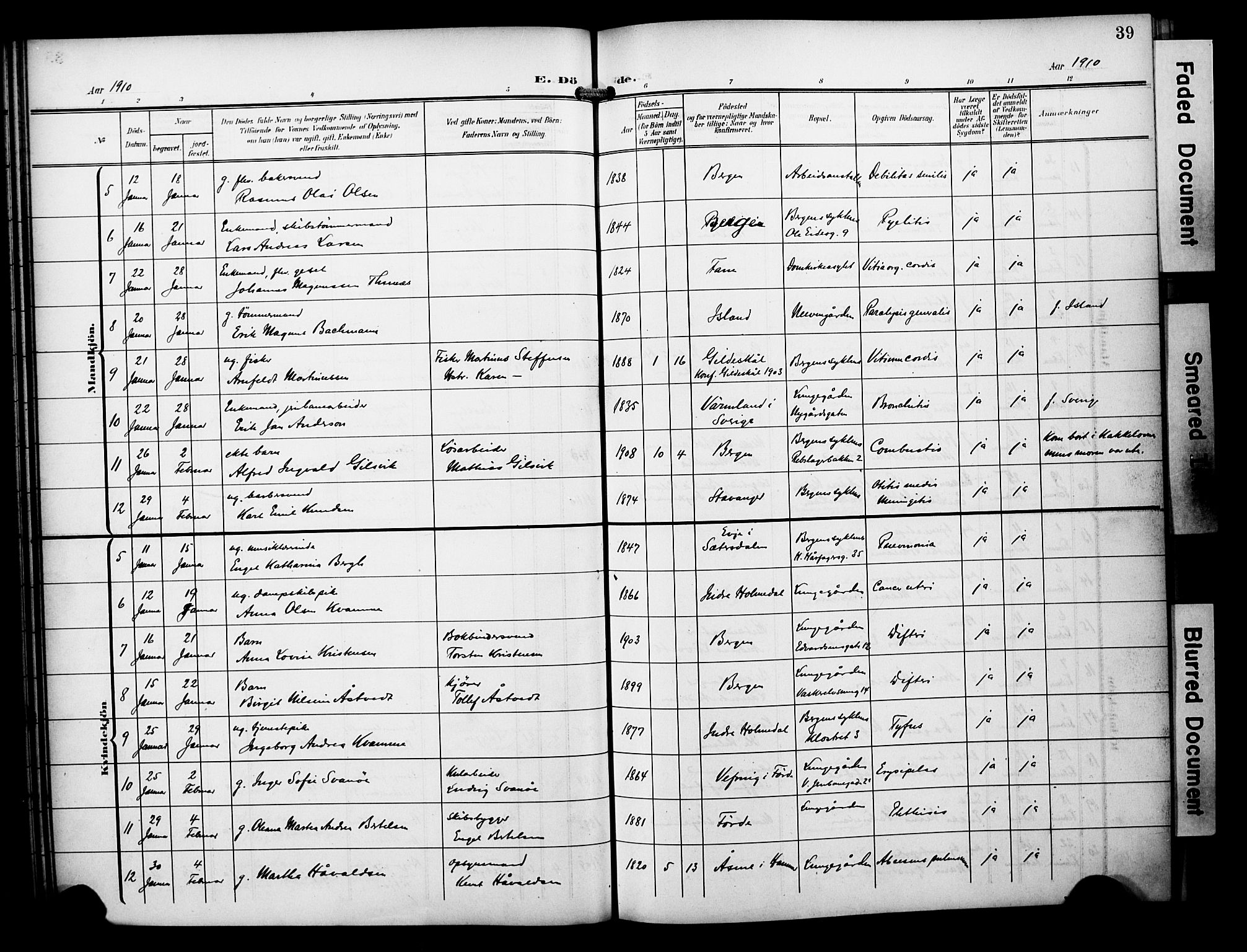 Bergen kommunale pleiehjem - stiftelsespresten, AV/SAB-A-100281: Parish register (official) no. A 6, 1908-1920, p. 39