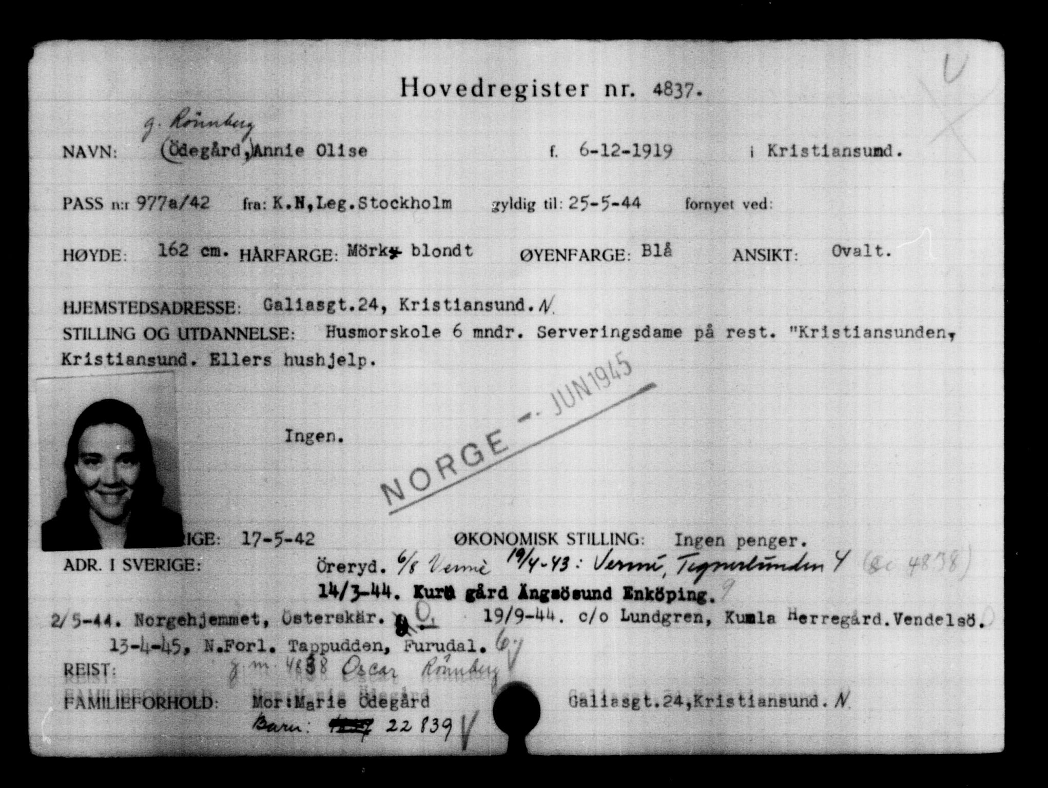 Utenriksstasjonene, Legasjonen i Stockholm, Flyktningkontoret, AV/RA-S-6753/V/Va/L0004: Kjesäterkartoteket, flyktninger med registreringsnr. 3496-6610, 1940-1945, p. 1589