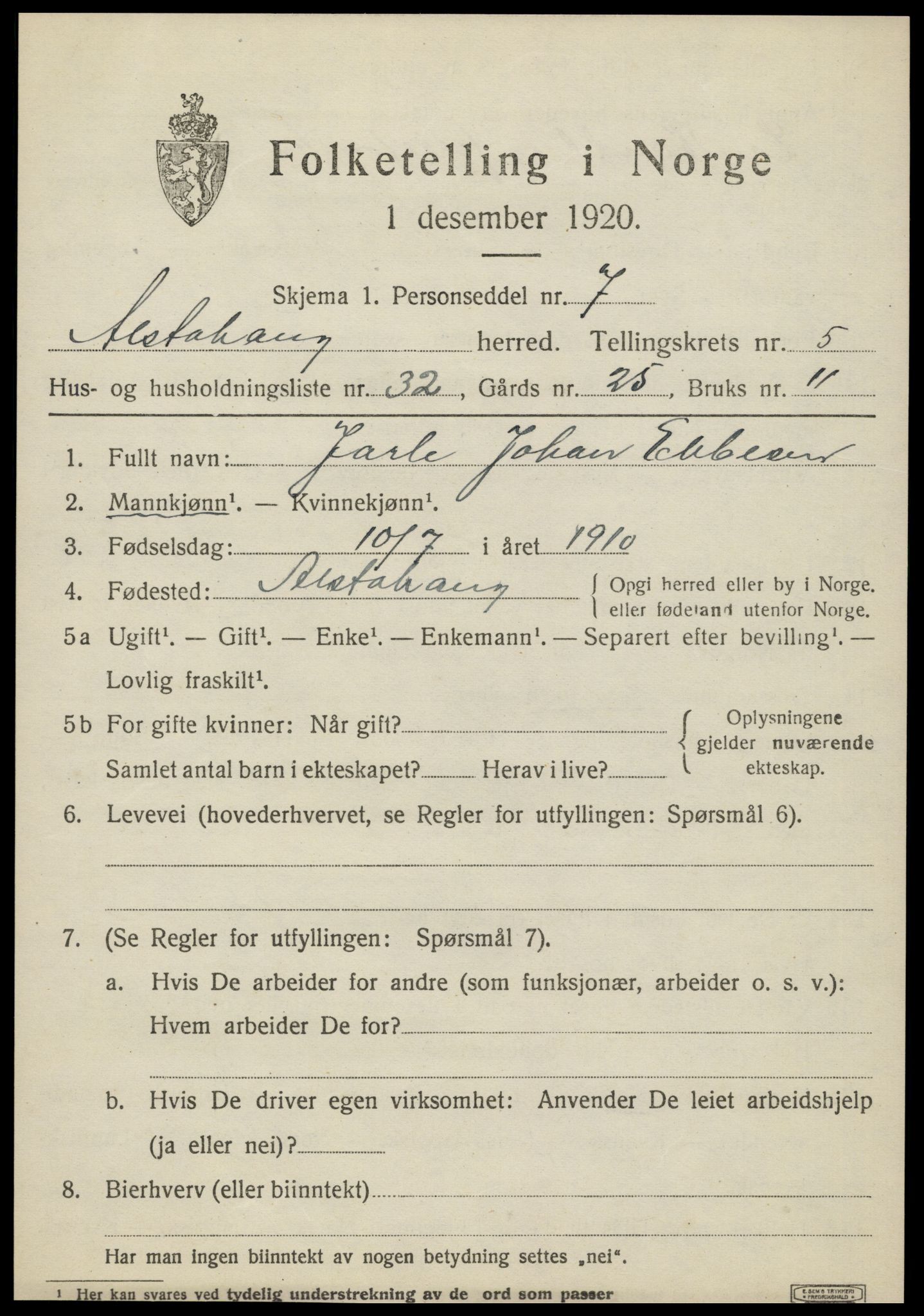 SAT, 1920 census for Alstahaug, 1920, p. 3249