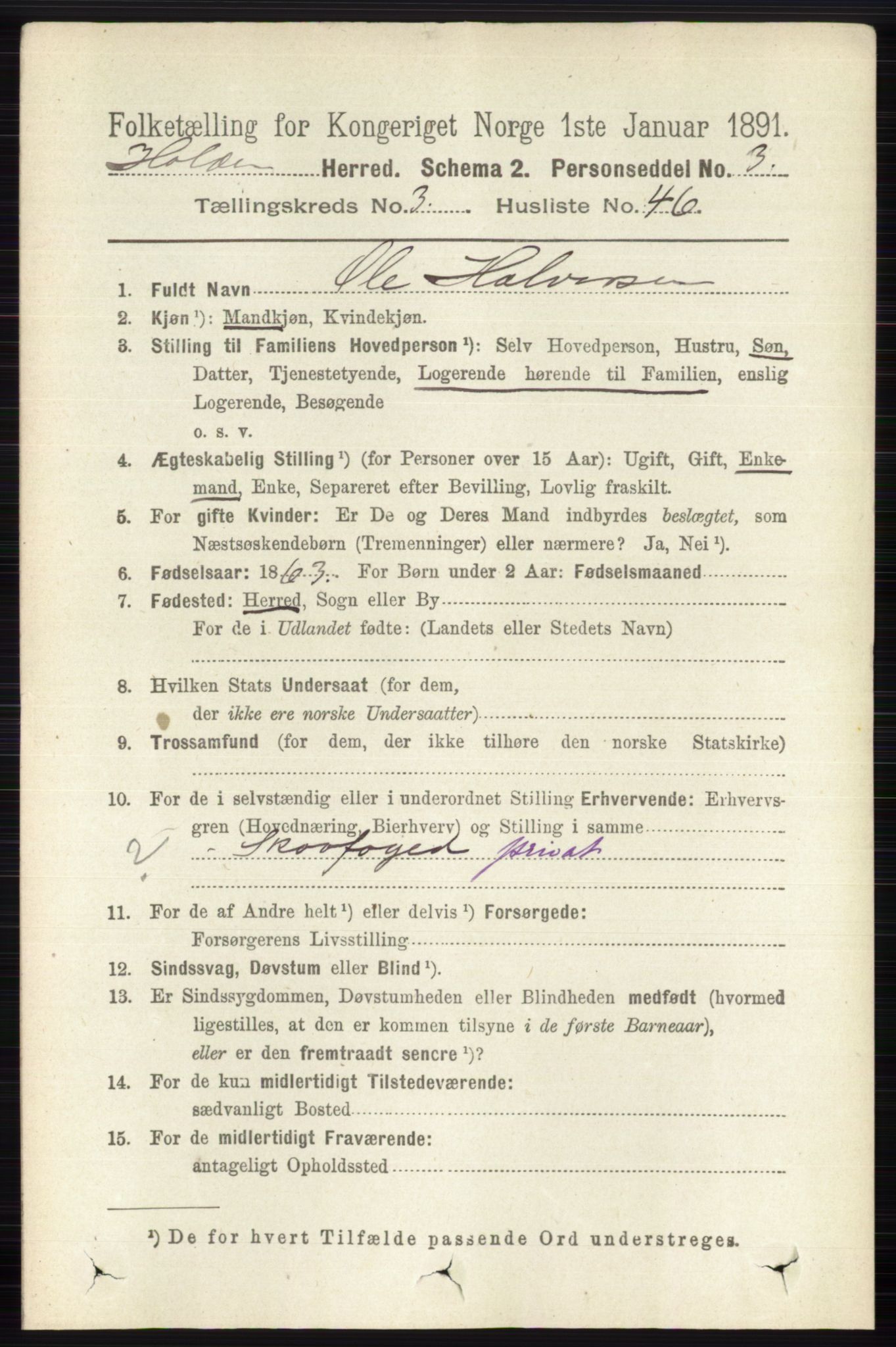 RA, 1891 census for 0819 Holla, 1891, p. 1825