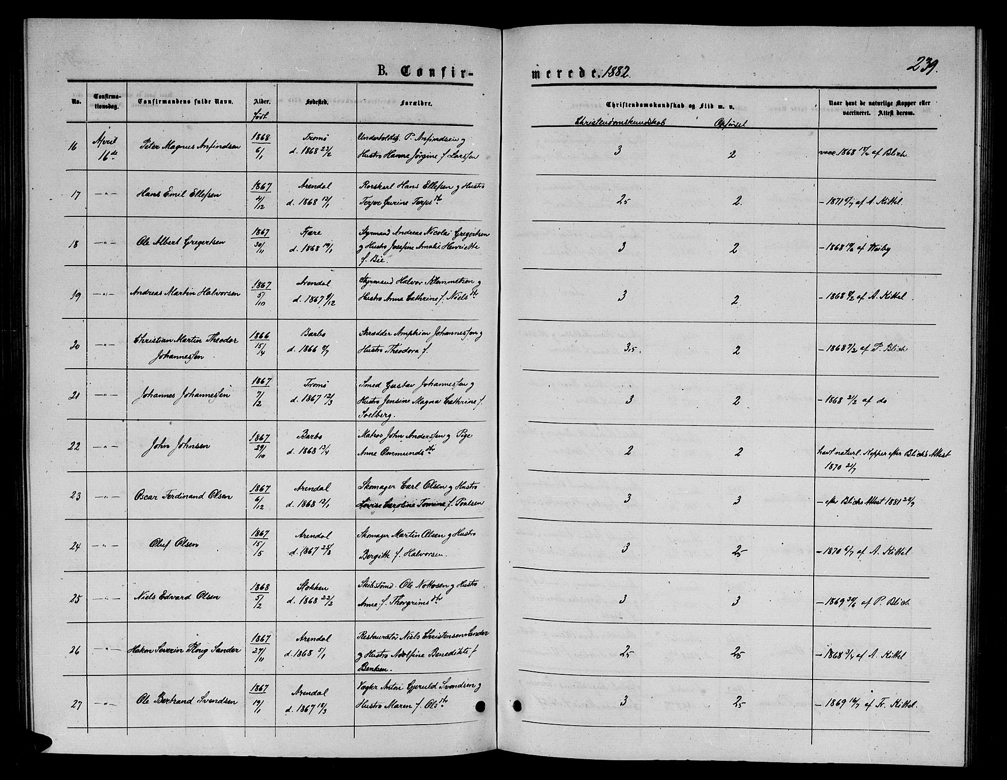 Arendal sokneprestkontor, Trefoldighet, AV/SAK-1111-0040/F/Fb/L0005: Parish register (copy) no. B 5, 1874-1888, p. 239