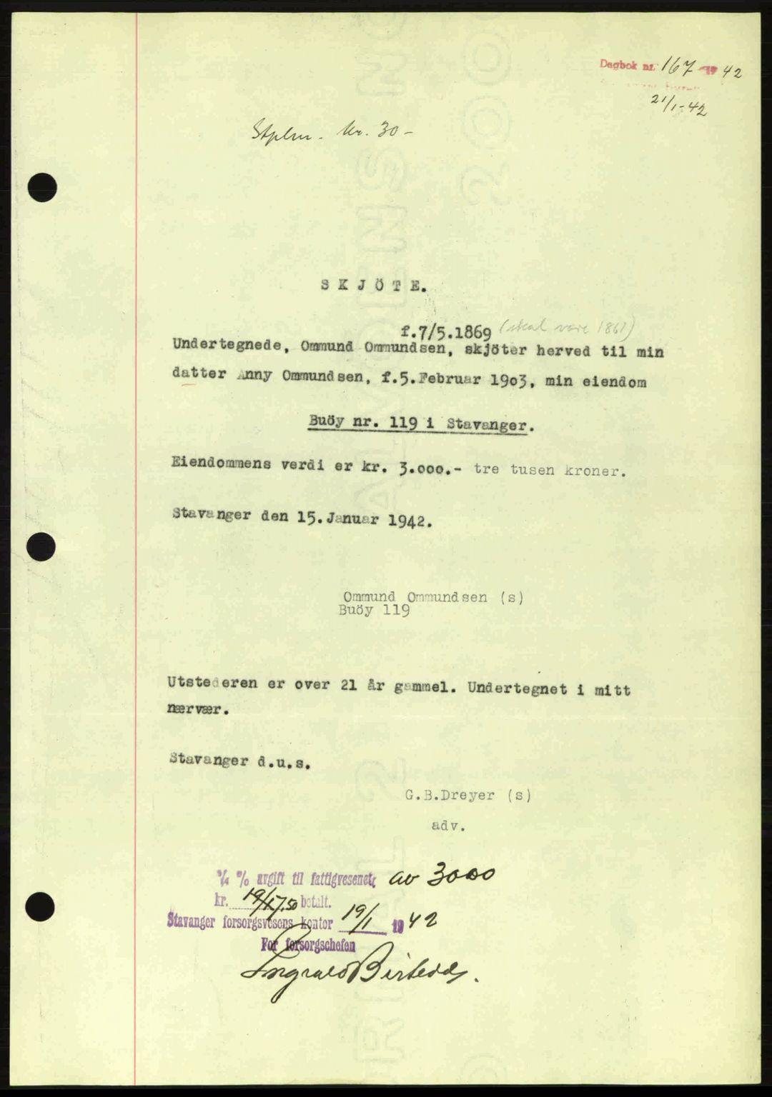 Stavanger byrett, SAST/A-100455/002/G/Gb/L0017: Mortgage book no. A7, 1941-1943, Diary no: : 167/1942