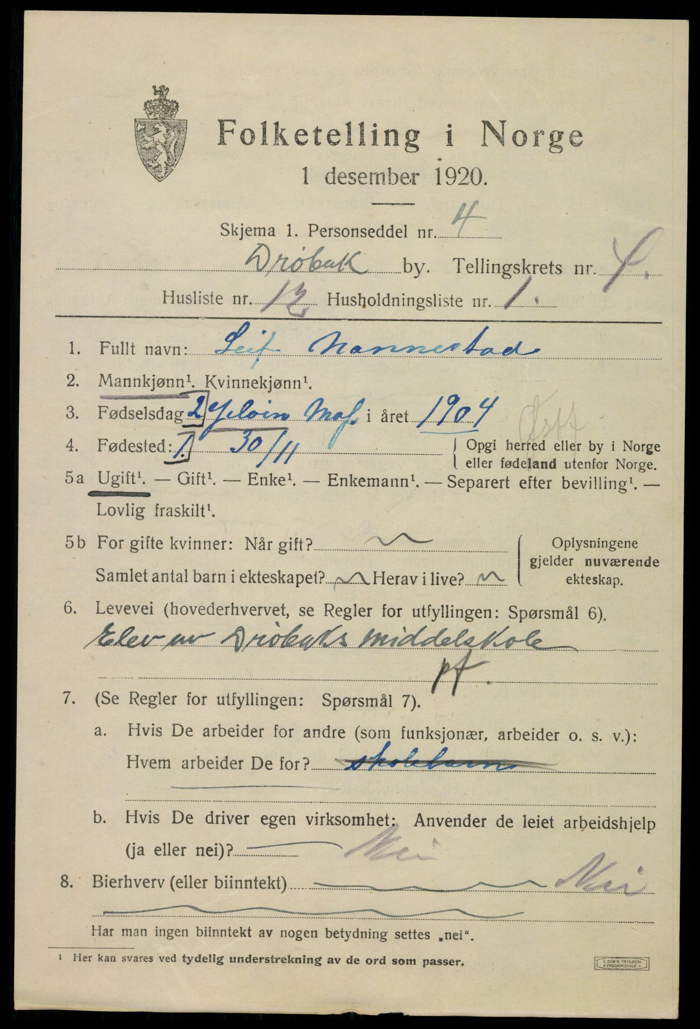 SAO, 1920 census for Drøbak, 1920, p. 4217