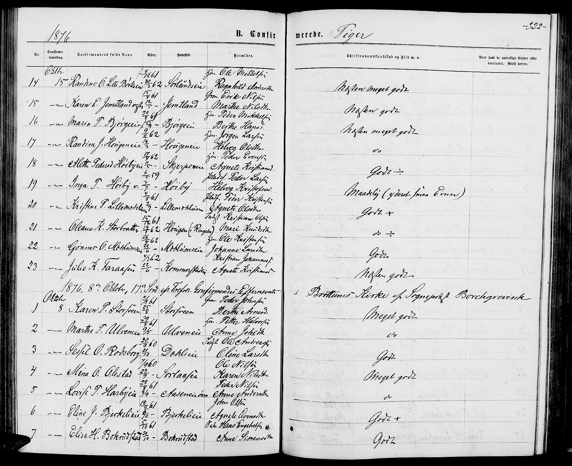 Ringsaker prestekontor, AV/SAH-PREST-014/L/La/L0008: Parish register (copy) no. 8, 1870-1878, p. 322