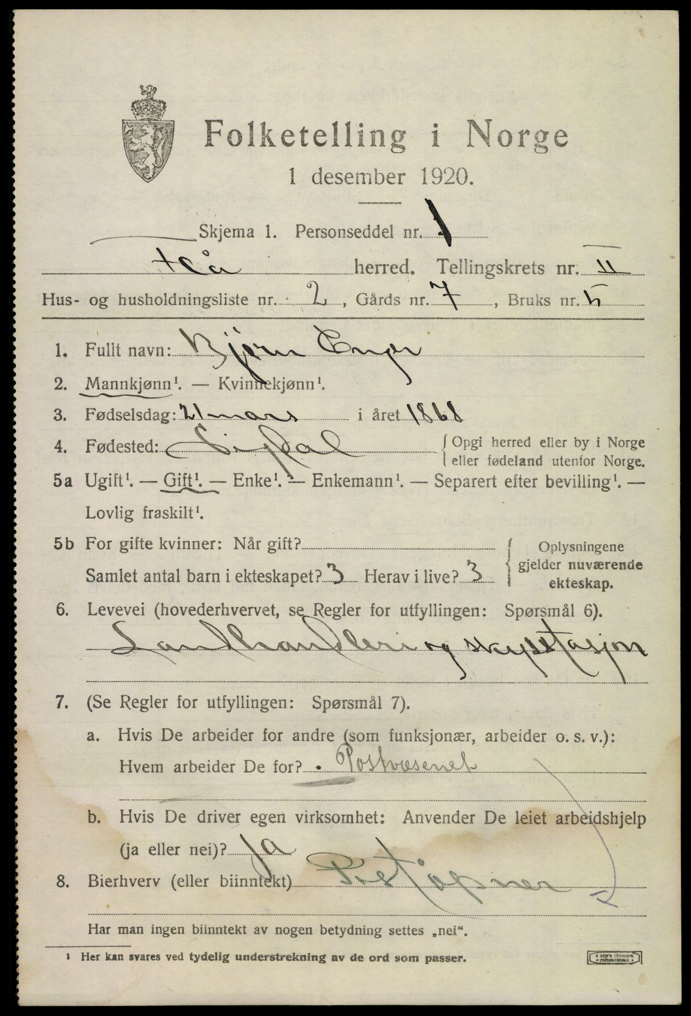 SAKO, 1920 census for Flå, 1920, p. 1375