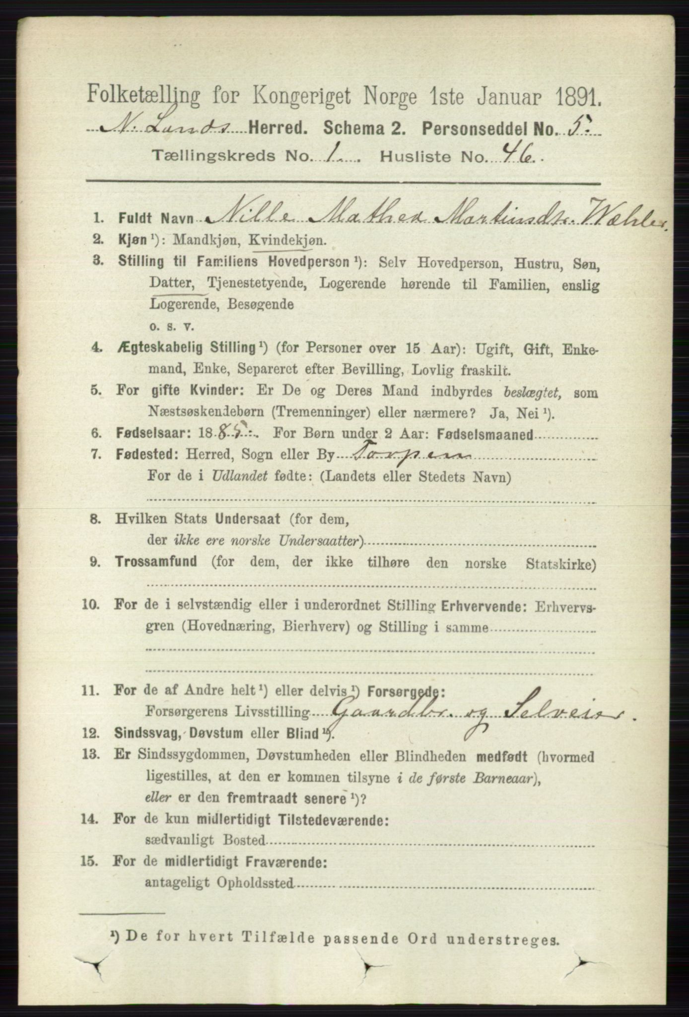 RA, 1891 census for 0538 Nordre Land, 1891, p. 413