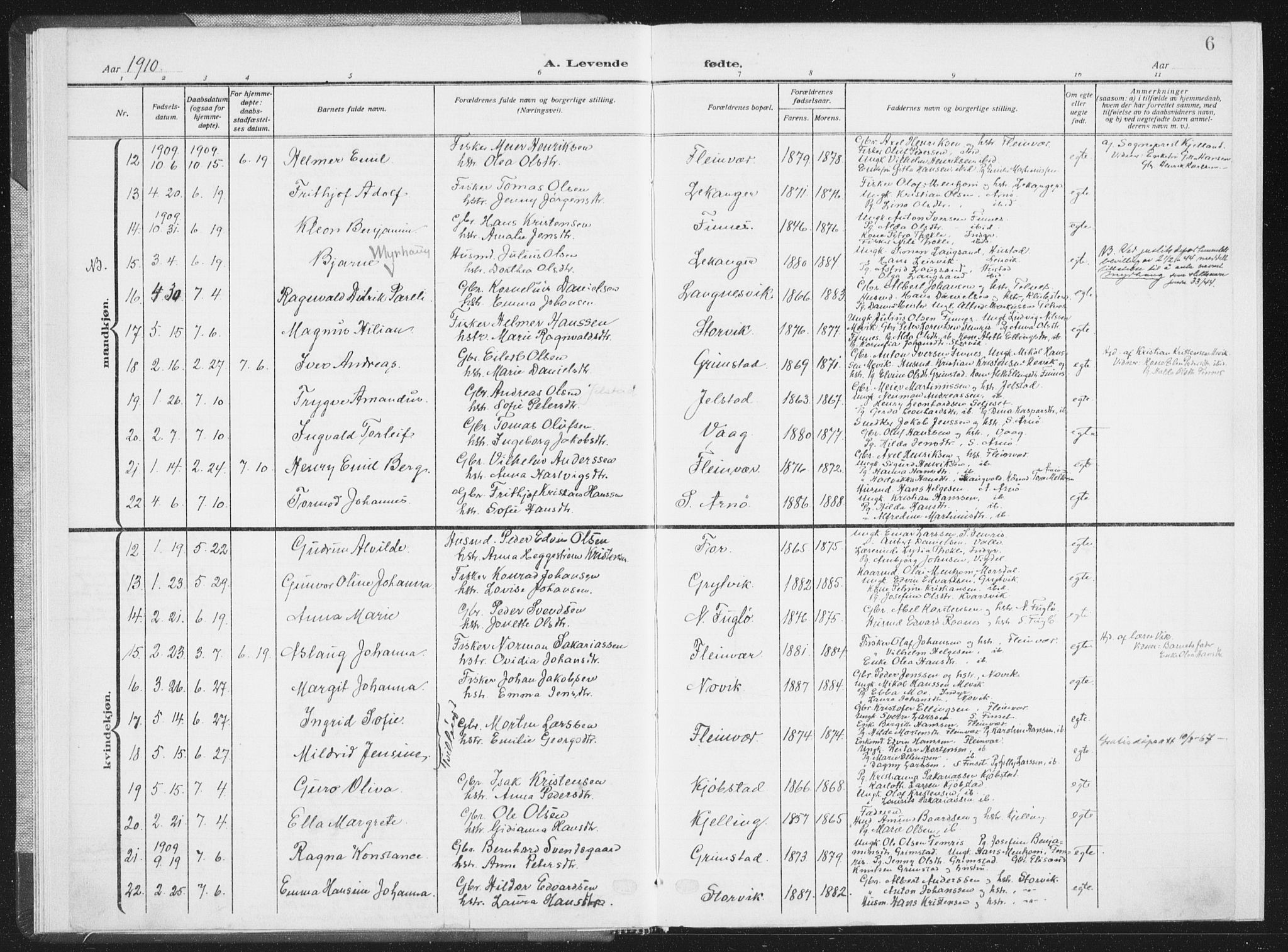 Ministerialprotokoller, klokkerbøker og fødselsregistre - Nordland, SAT/A-1459/805/L0104: Parish register (official) no. 805A09, 1909-1926, p. 6