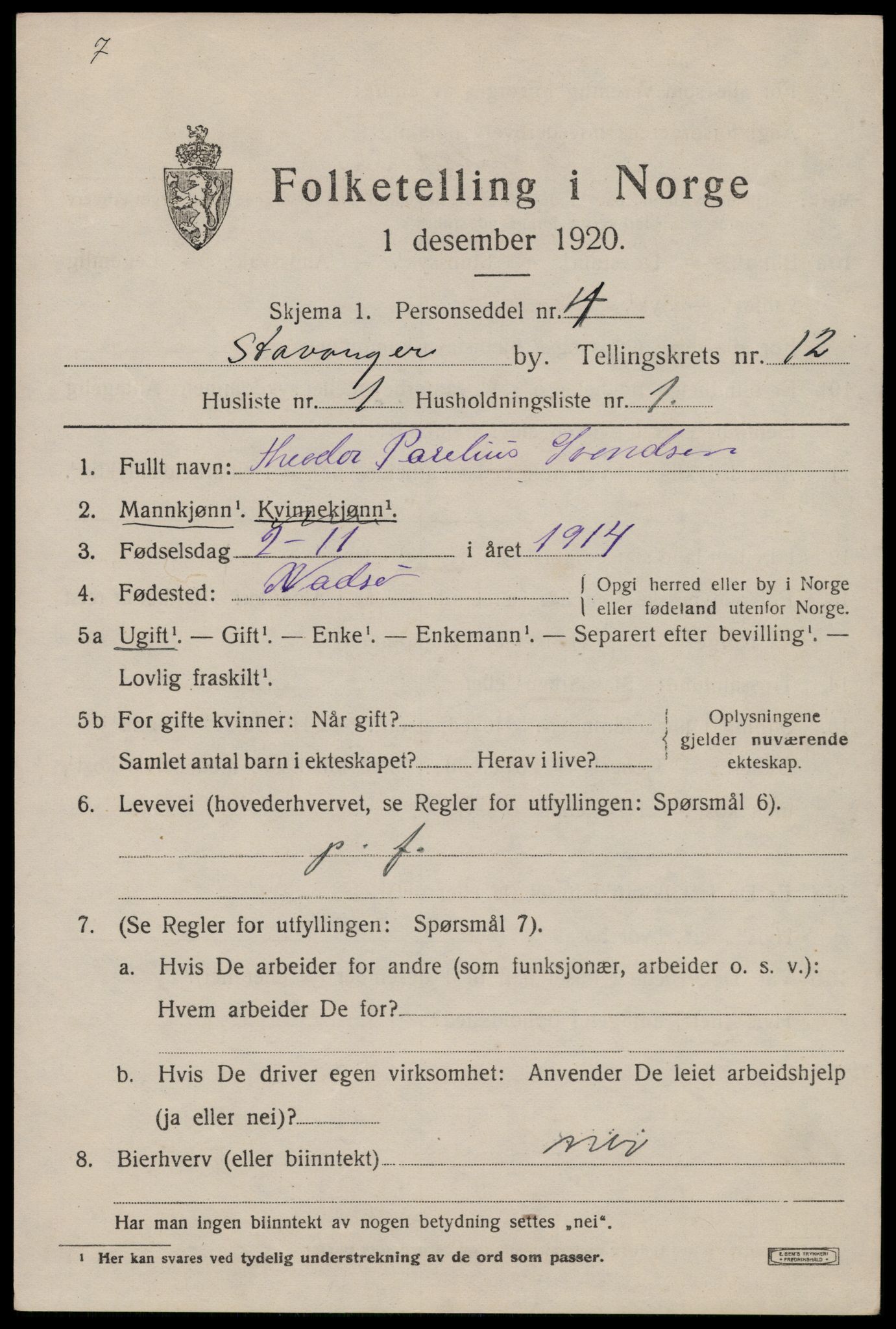 SAST, 1920 census for Stavanger, 1920, p. 56072