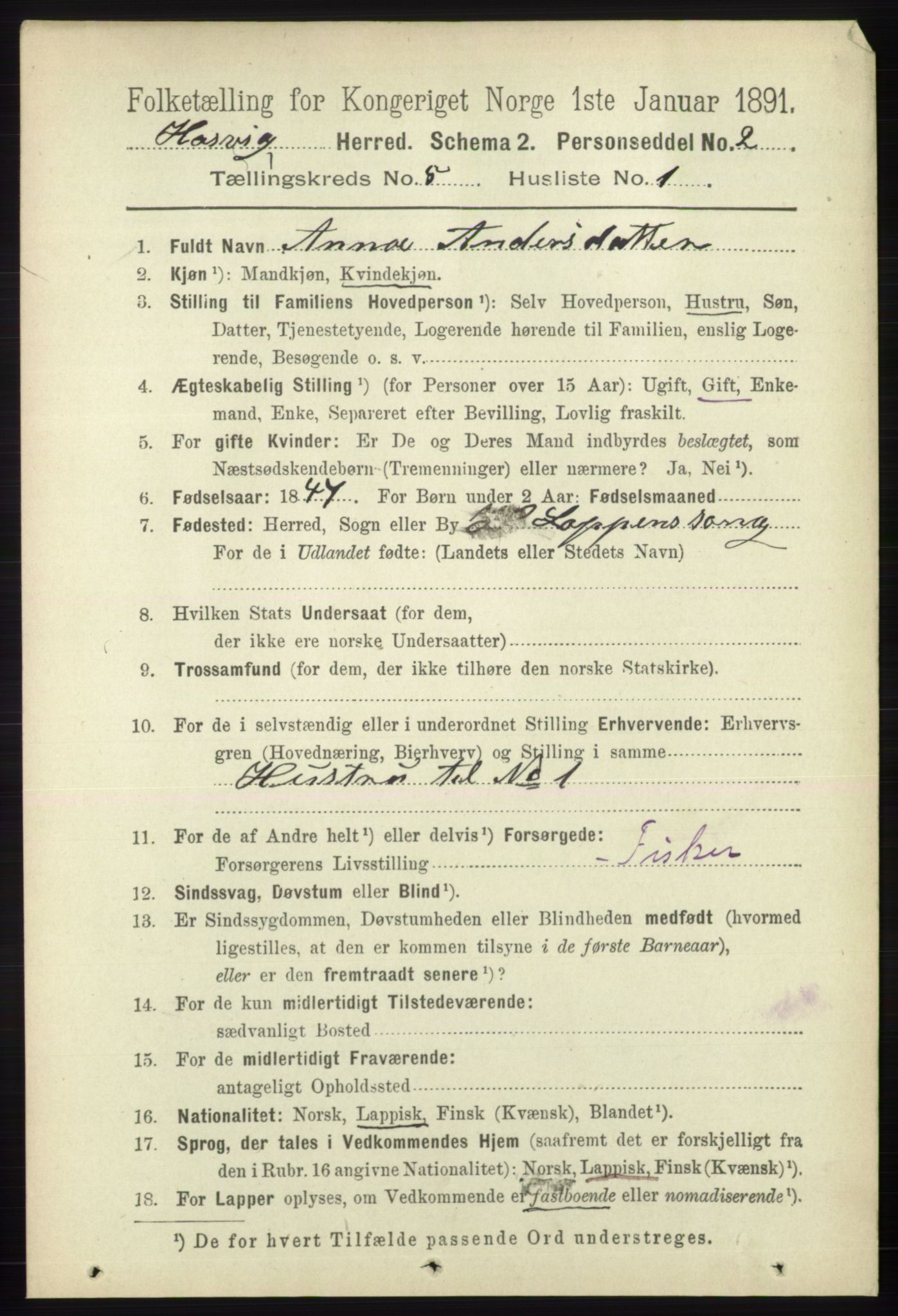 RA, 1891 census for 2015 Hasvik, 1891, p. 642