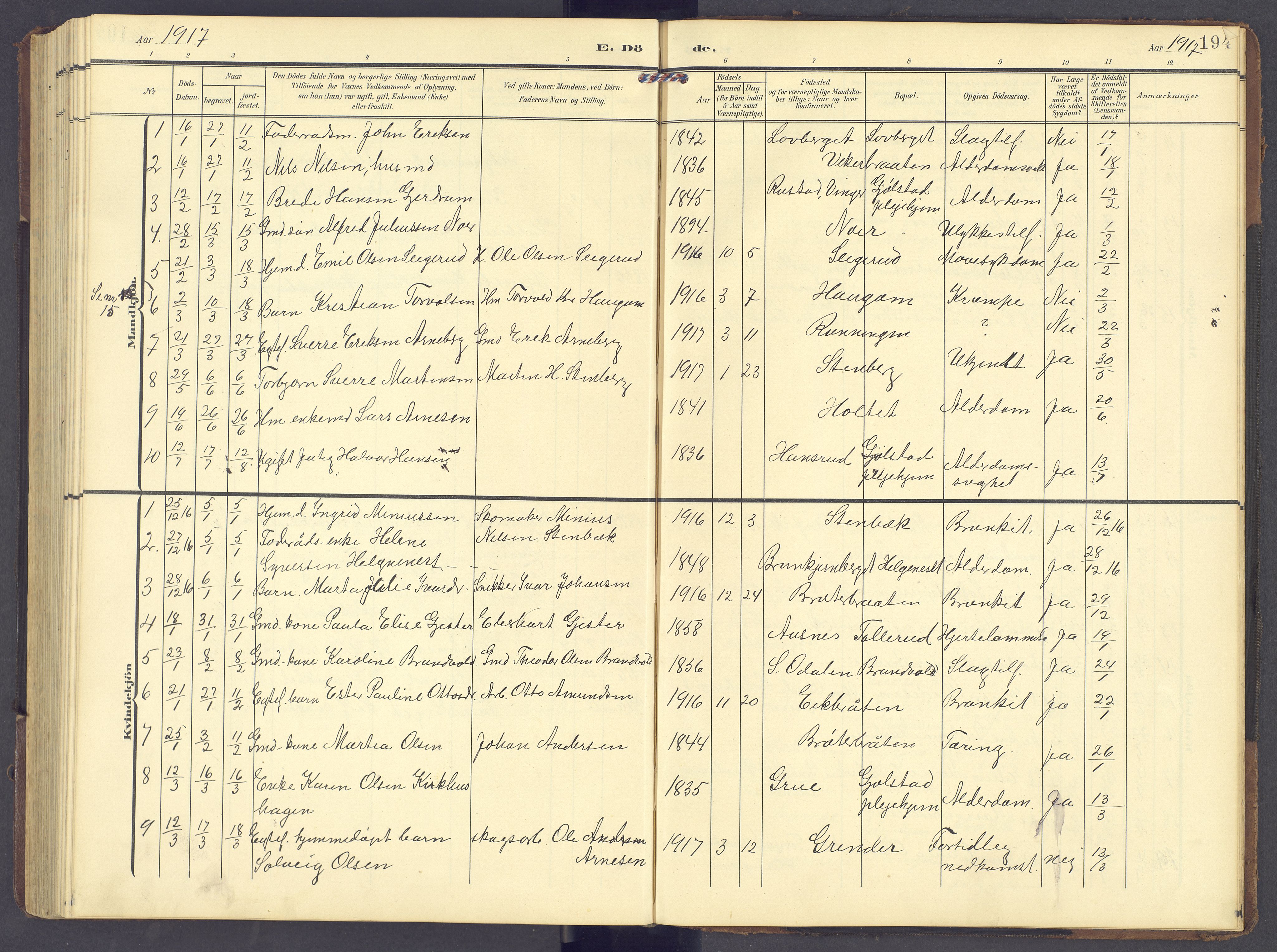 Brandval prestekontor, AV/SAH-PREST-034/H/Ha/Hab/L0003: Parish register (copy) no. 3, 1904-1917, p. 194