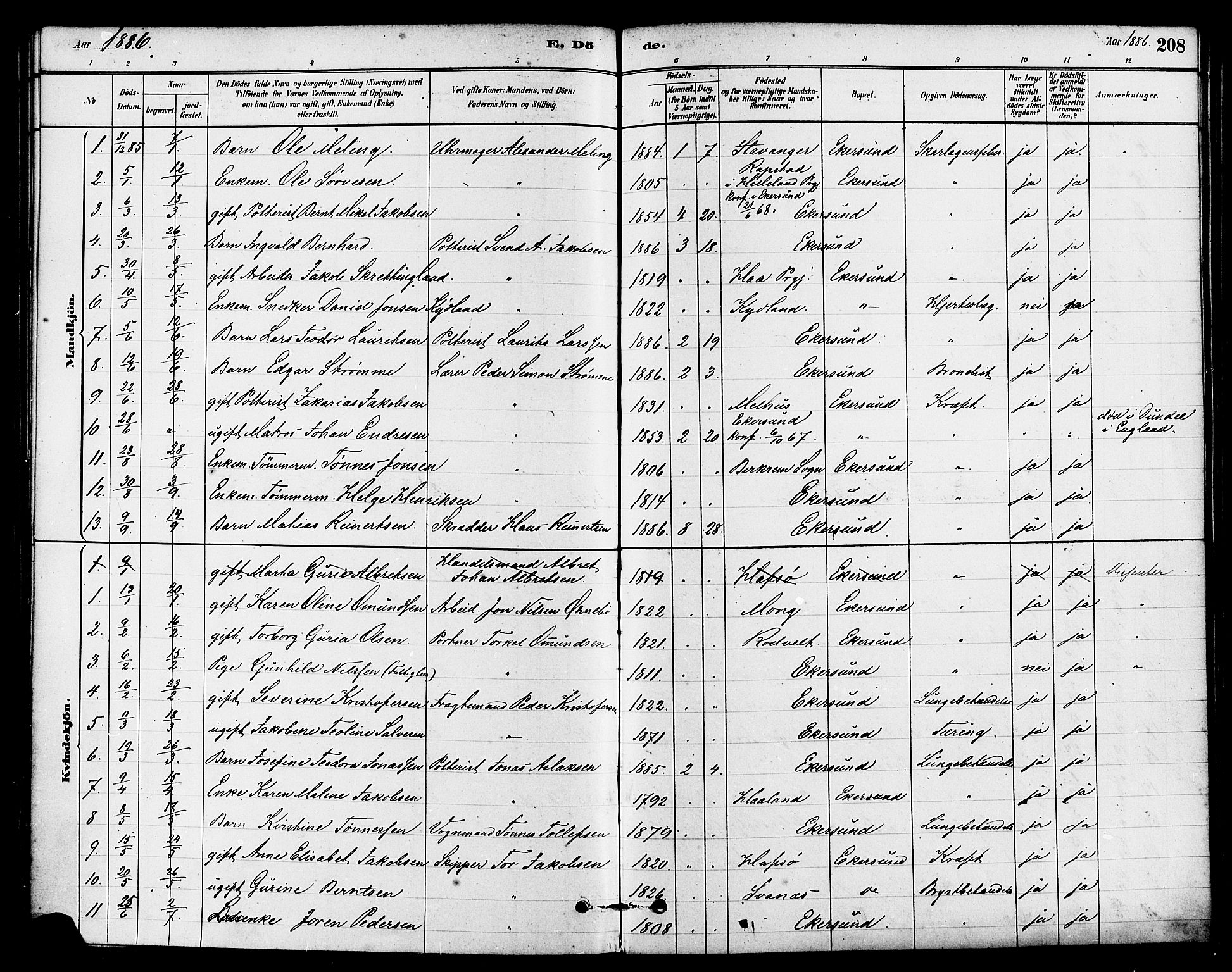 Eigersund sokneprestkontor, SAST/A-101807/S08/L0015: Parish register (official) no. A 15, 1879-1892, p. 208