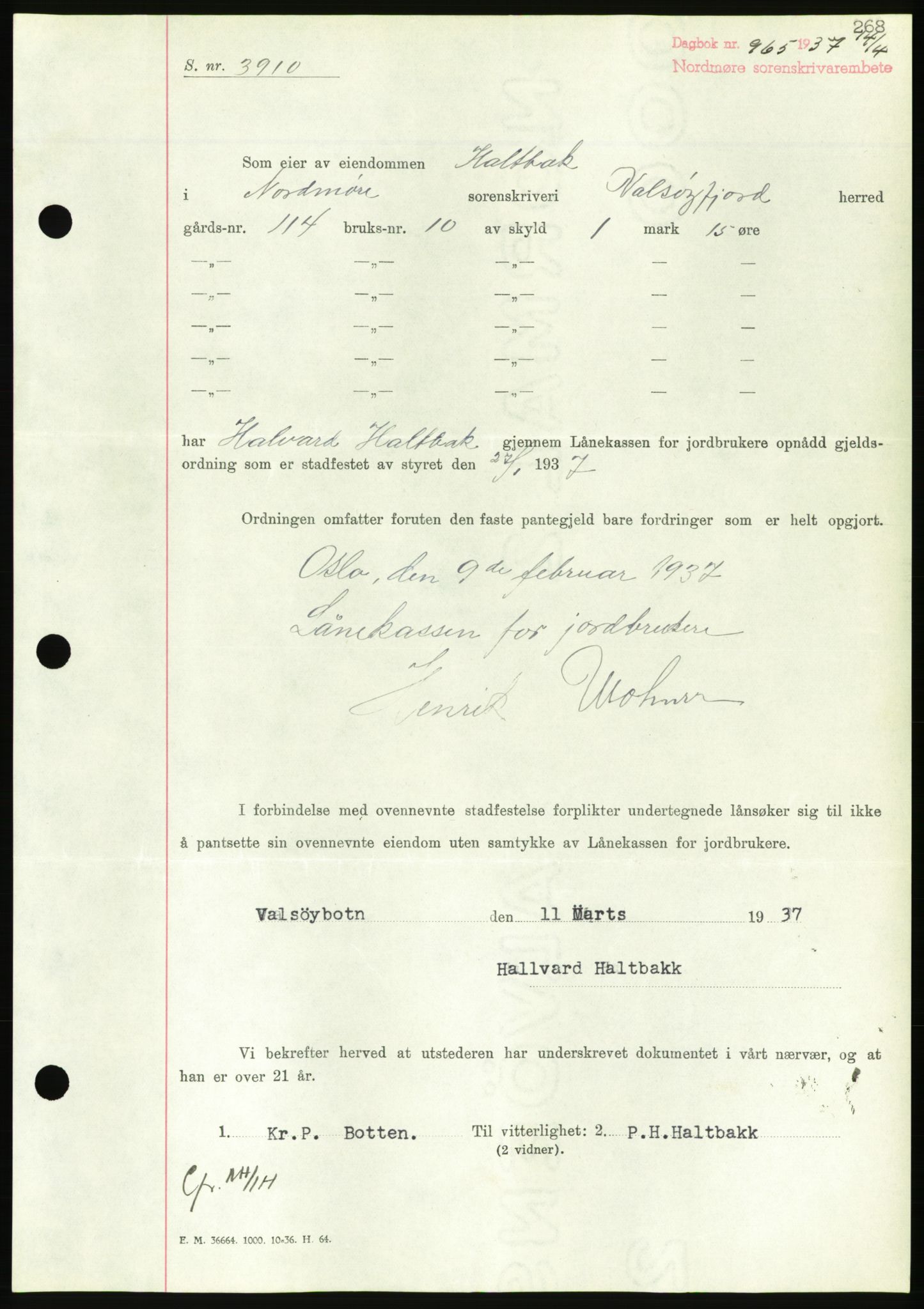 Nordmøre sorenskriveri, AV/SAT-A-4132/1/2/2Ca/L0091: Mortgage book no. B81, 1937-1937, Diary no: : 965/1937