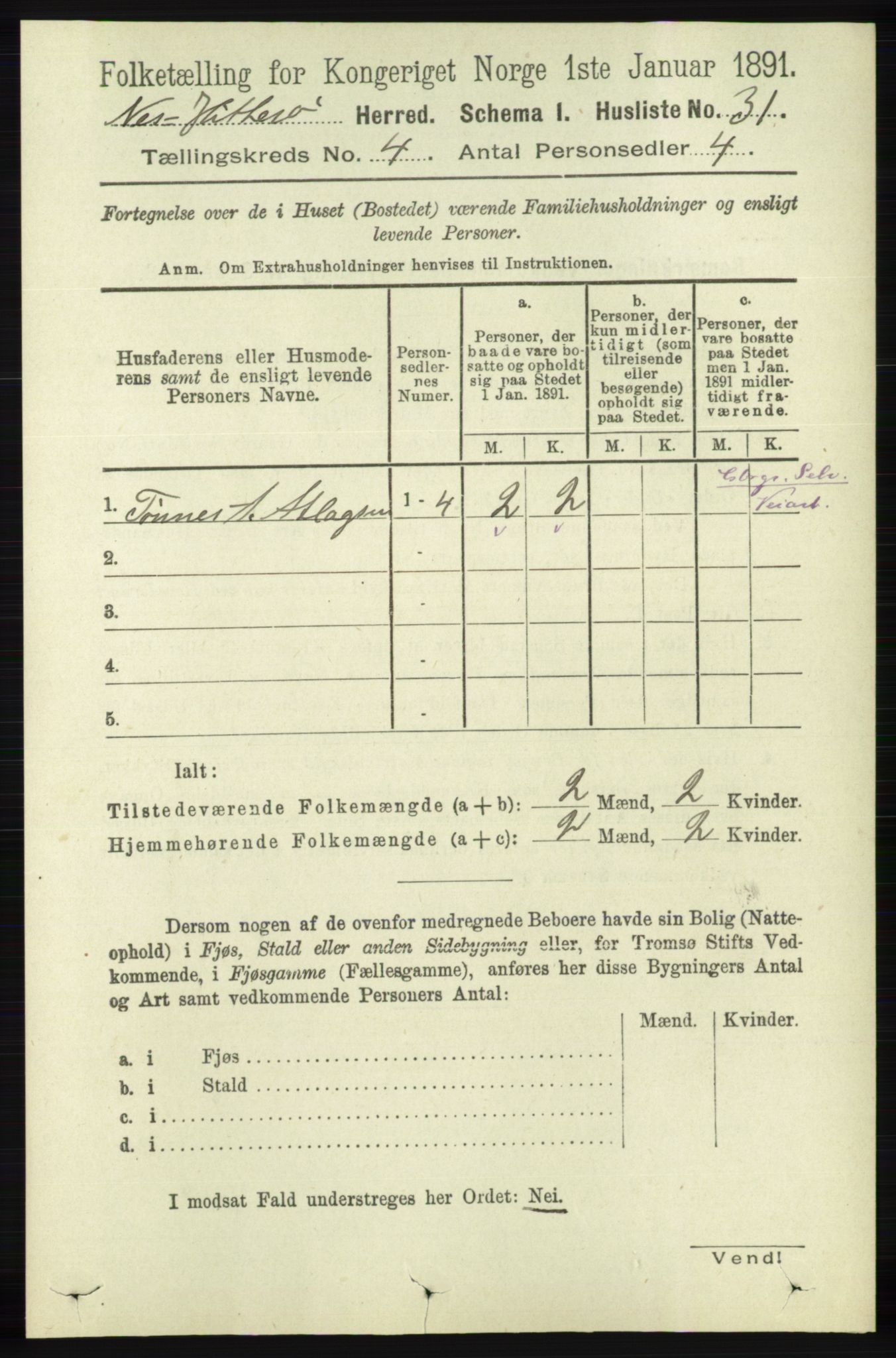 RA, 1891 census for 1043 Hidra og Nes, 1891, p. 1400