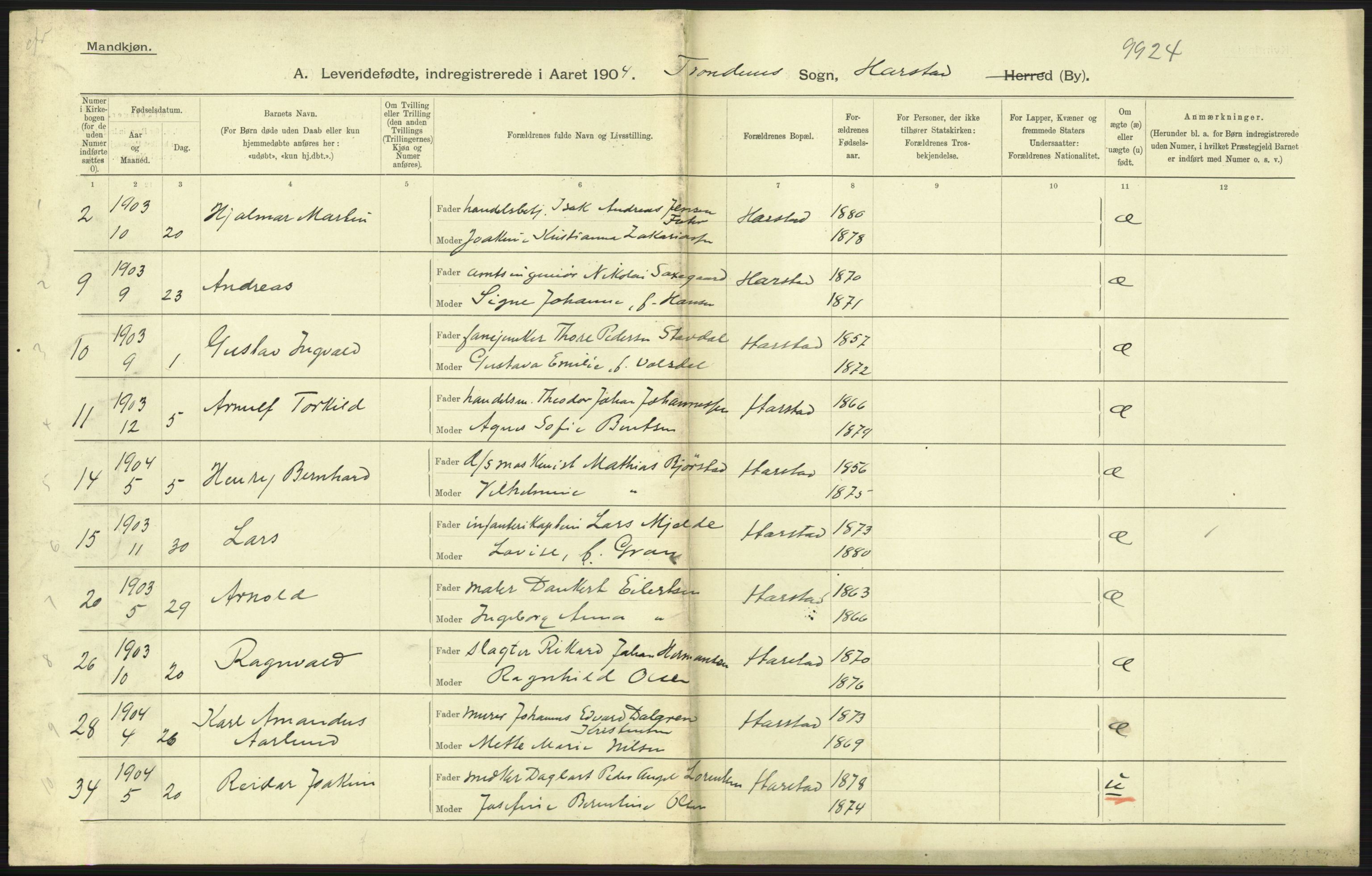 Statistisk sentralbyrå, Sosiodemografiske emner, Befolkning, AV/RA-S-2228/D/Df/Dfa/Dfab/L0022: Tromsø amt: Fødte, gifte, døde, 1904, p. 289