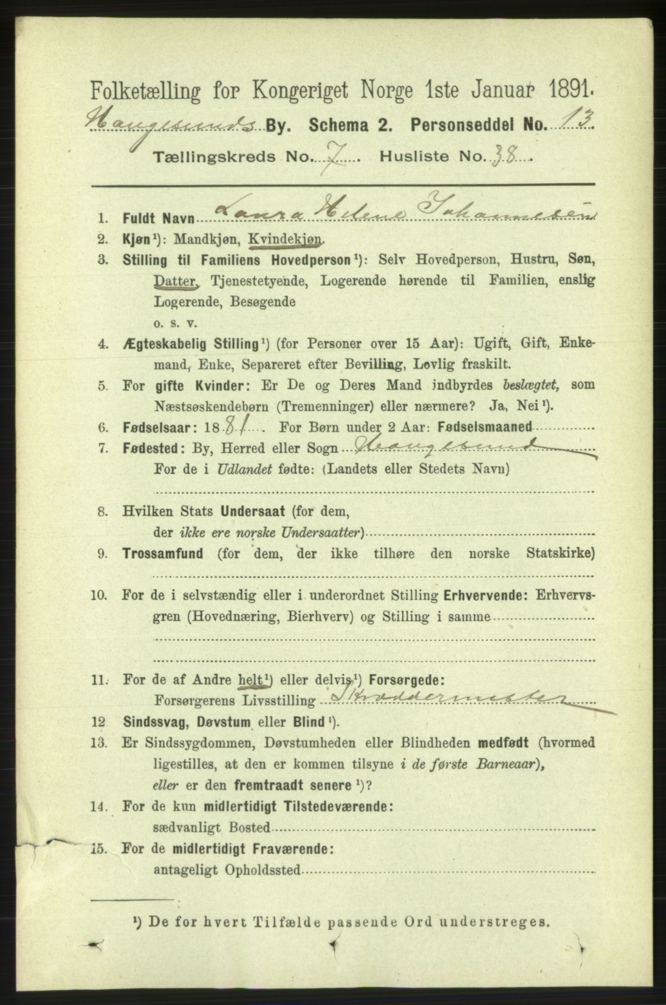 RA, 1891 census for 1106 Haugesund, 1891, p. 3522