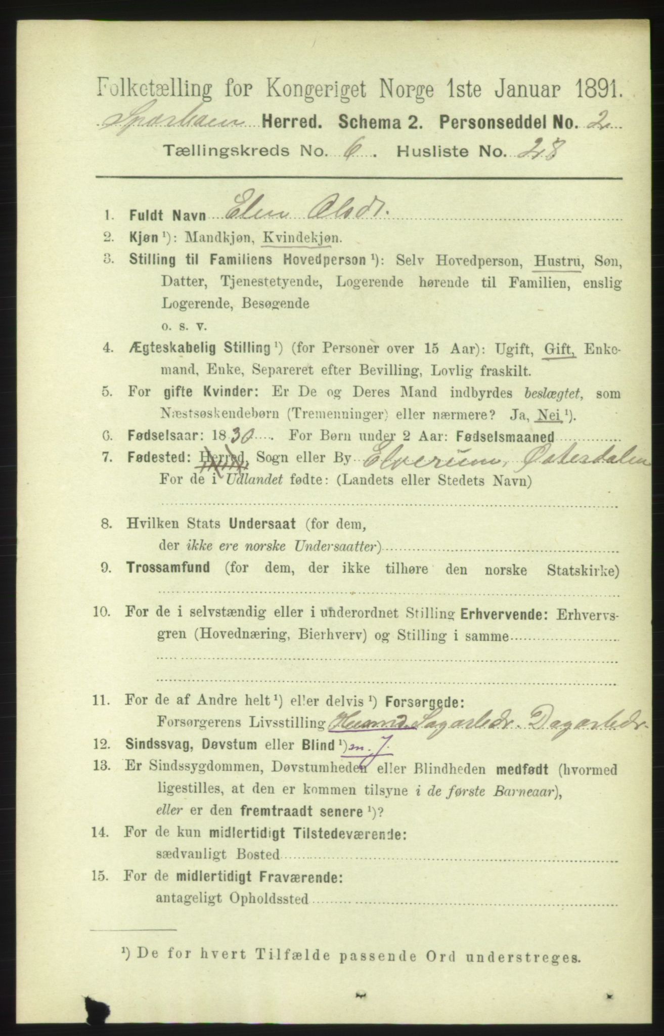 RA, 1891 census for 1731 Sparbu, 1891, p. 2326