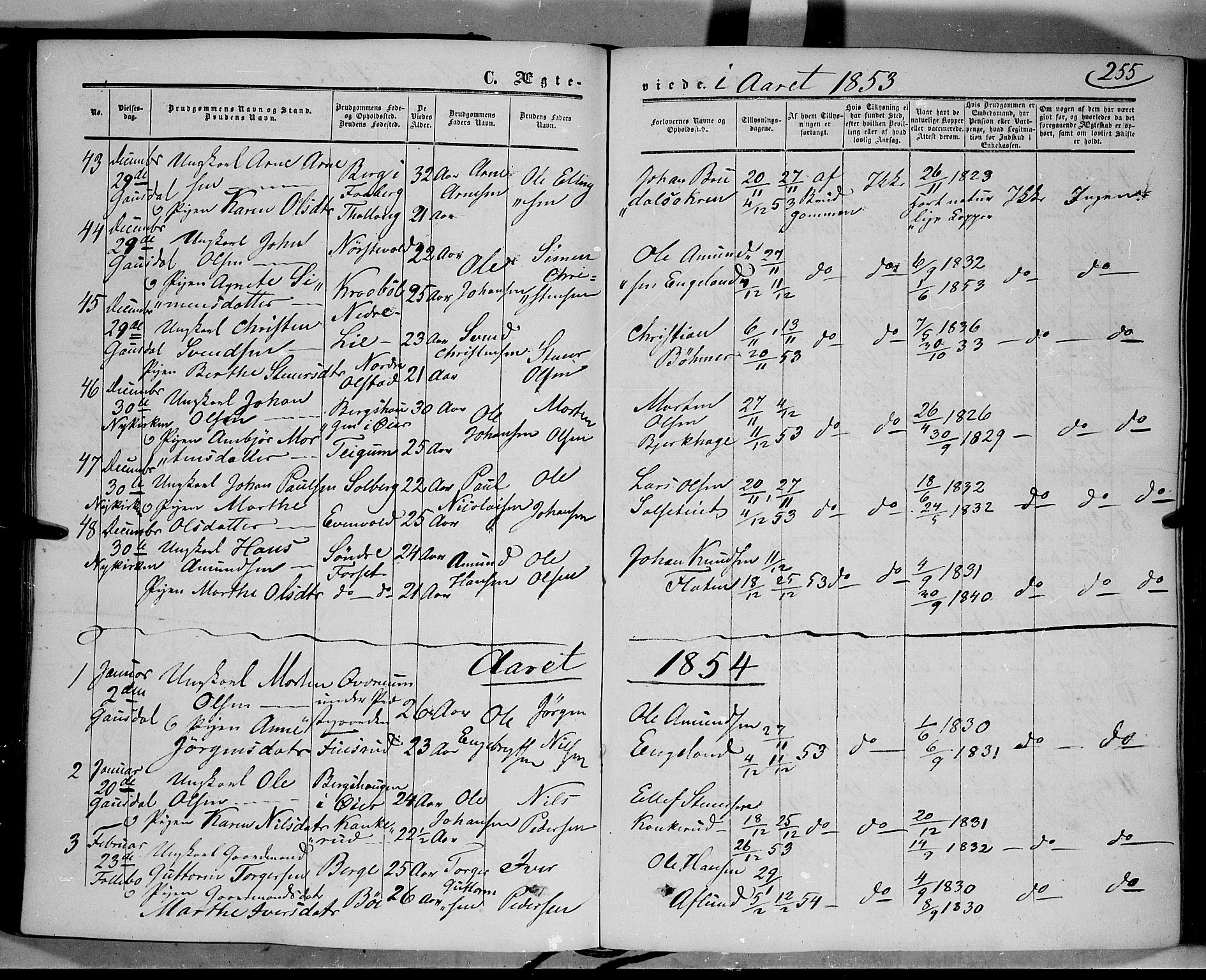 Gausdal prestekontor, SAH/PREST-090/H/Ha/Haa/L0008: Parish register (official) no. 8, 1850-1861, p. 255