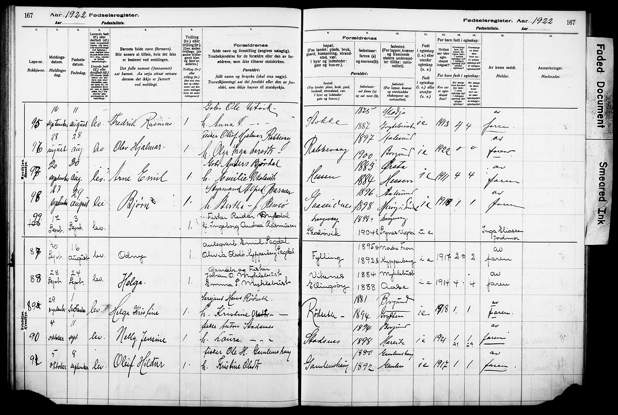 Ministerialprotokoller, klokkerbøker og fødselsregistre - Møre og Romsdal, AV/SAT-A-1454/528/L0442: Birth register no. 528.II.4.1, 1916-1924, p. 167