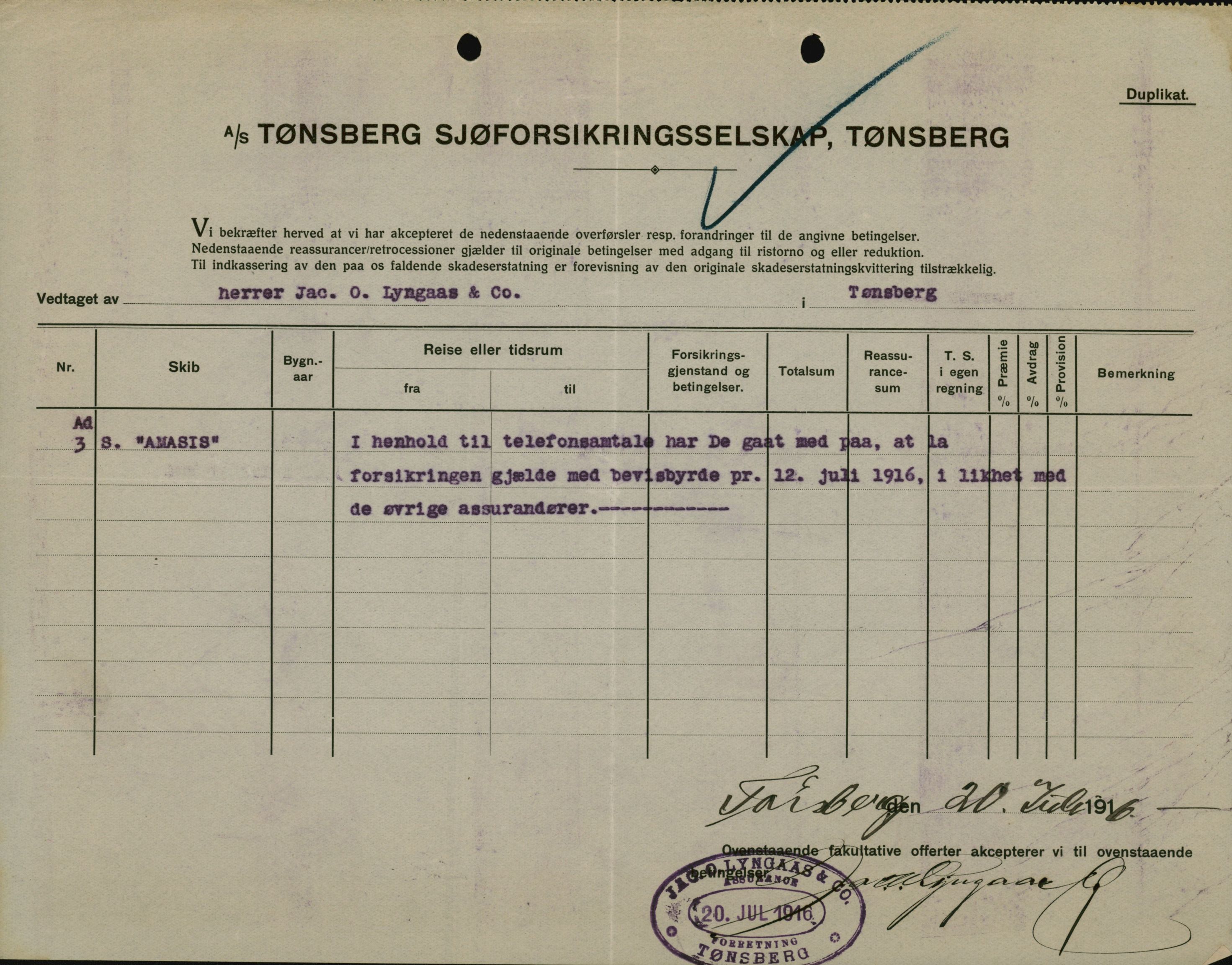 Pa 664 - Tønsberg Sjøforsikringsselskap, VEMU/A-1773/F/L0001: Forsikringspoliser, 1915-1918