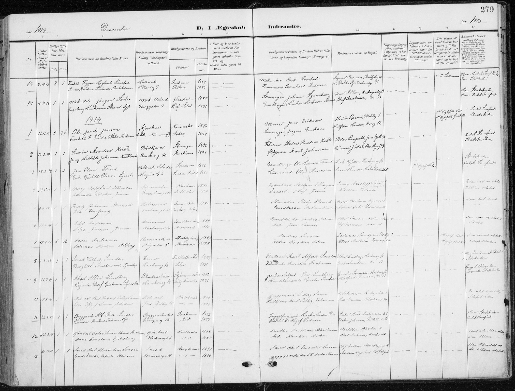 Kampen prestekontor Kirkebøker, SAO/A-10853/F/Fa/L0011: Parish register (official) no. I 11, 1907-1917, p. 279