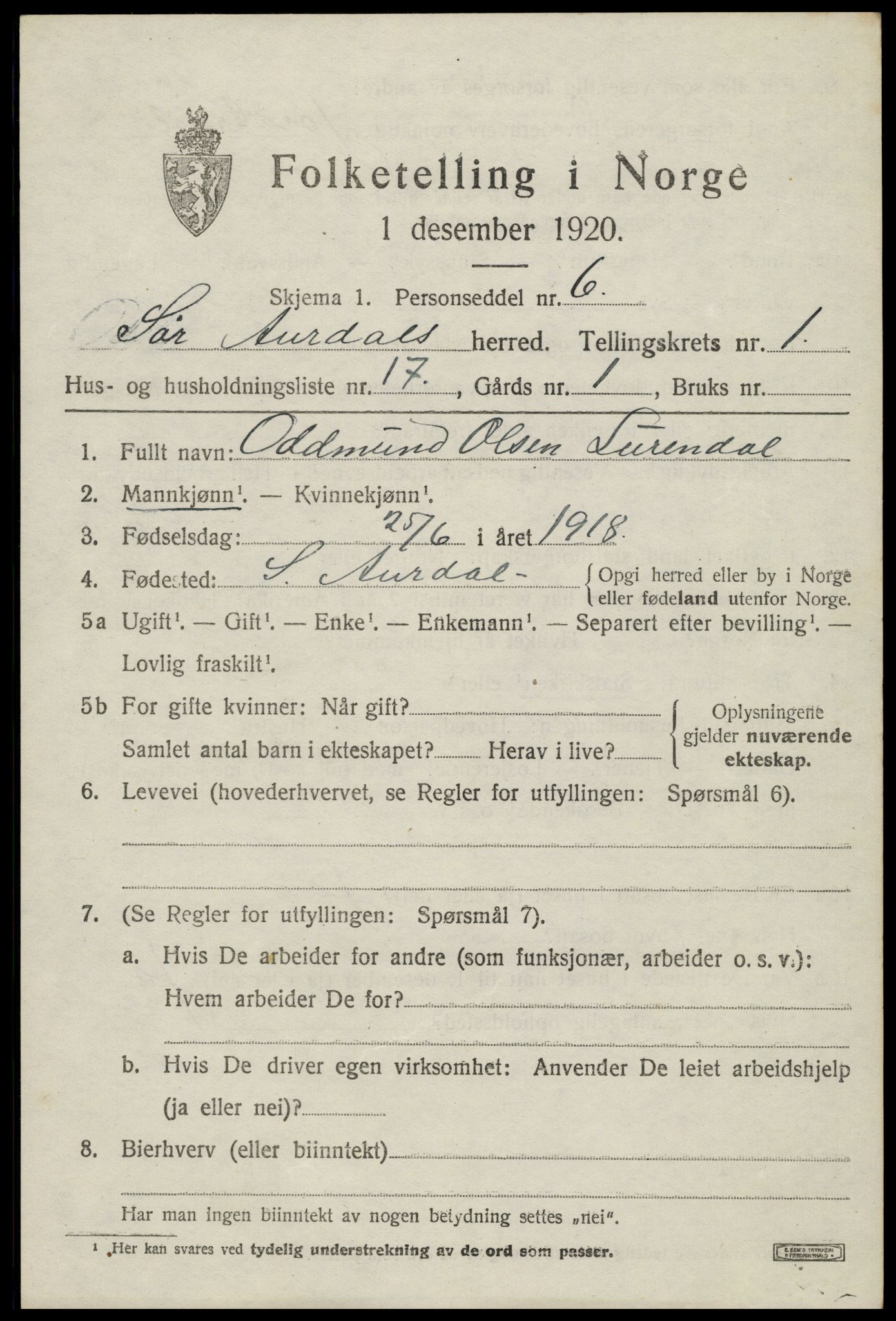 SAH, 1920 census for Sør-Aurdal, 1920, p. 1701