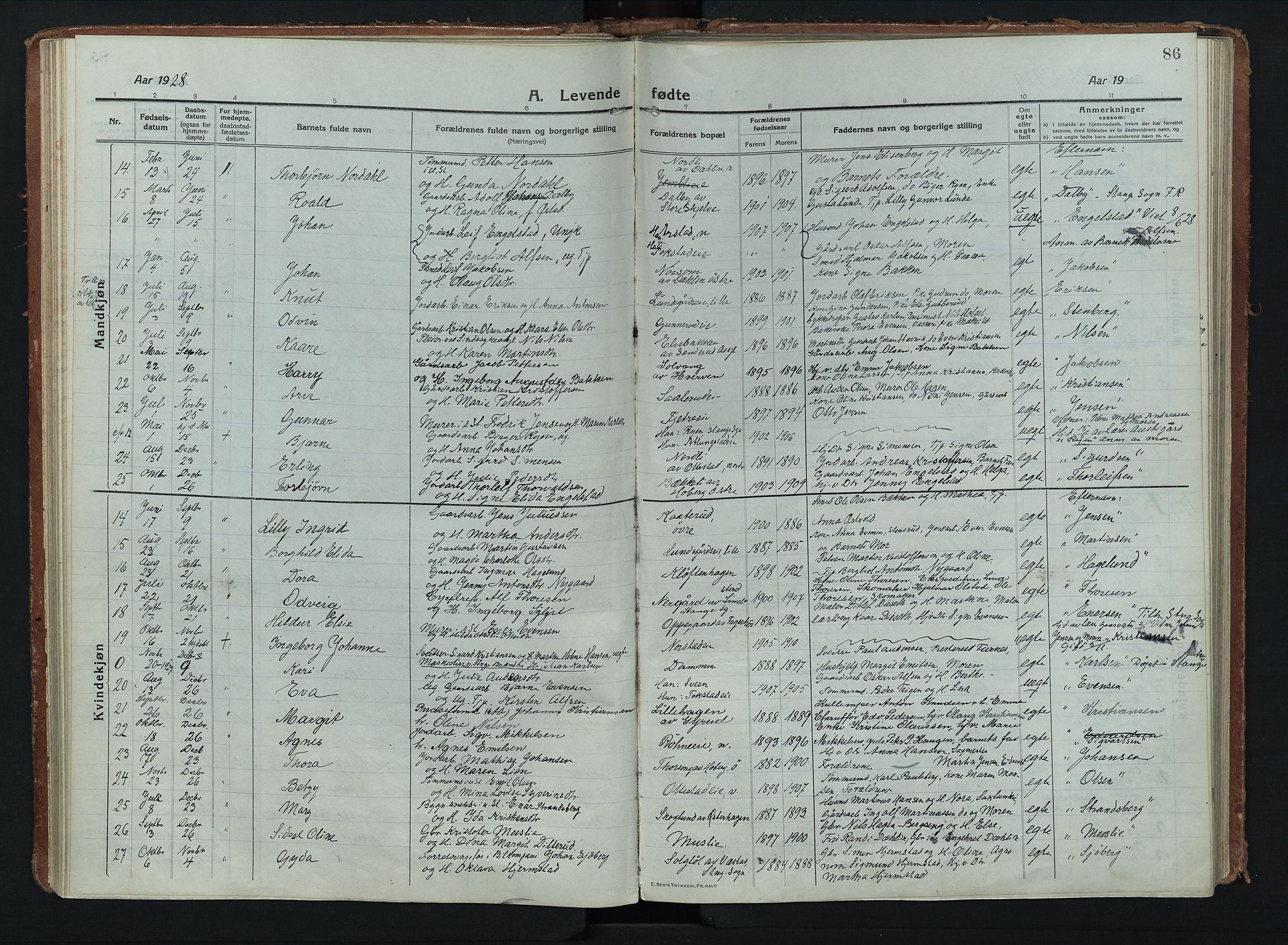 Stange prestekontor, AV/SAH-PREST-002/K/L0028: Parish register (official) no. 28, 1913-1932, p. 86