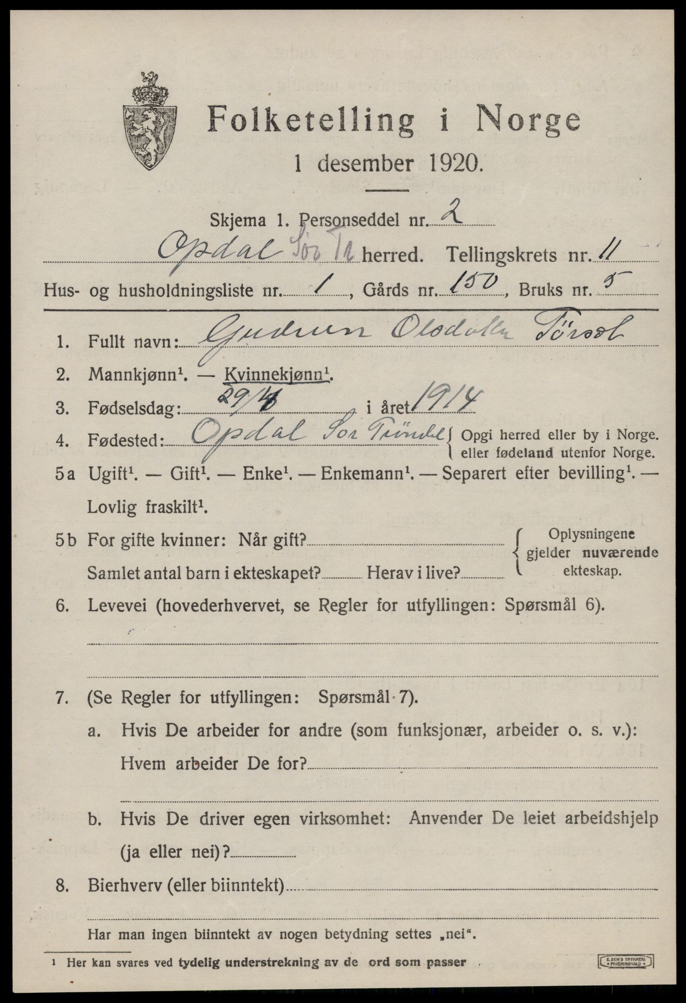 SAT, 1920 census for Oppdal, 1920, p. 9213