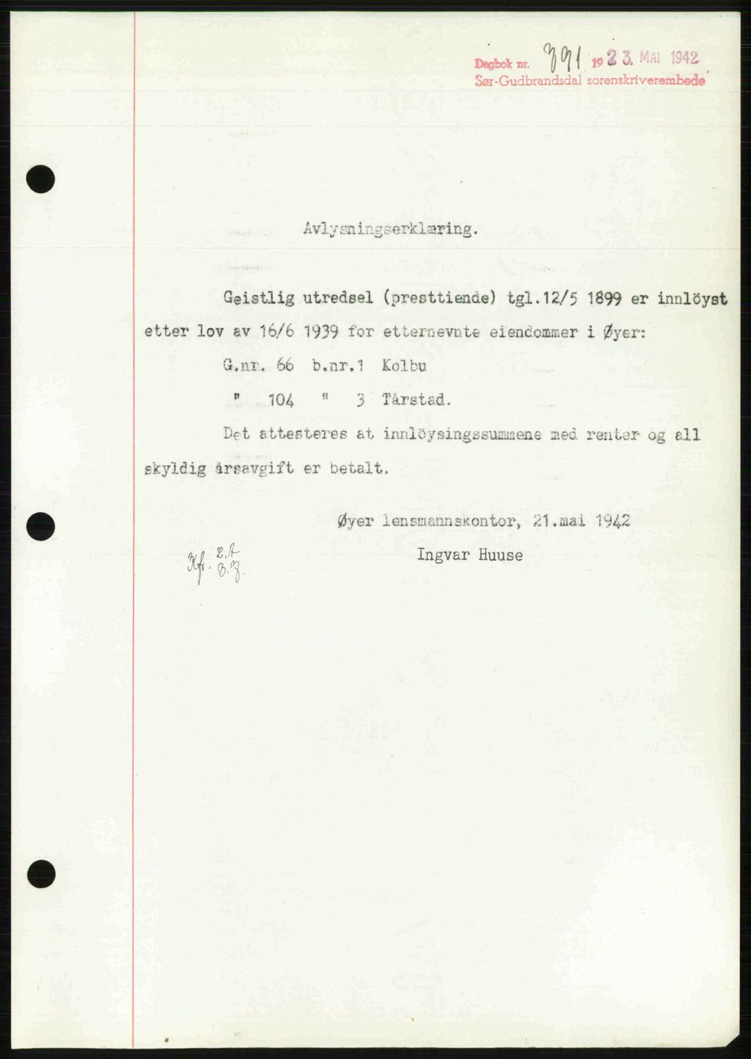Sør-Gudbrandsdal tingrett, SAH/TING-004/H/Hb/Hbf/L0002: Mortgage book no. C1, 1938-1951, Diary no: : 791/1942