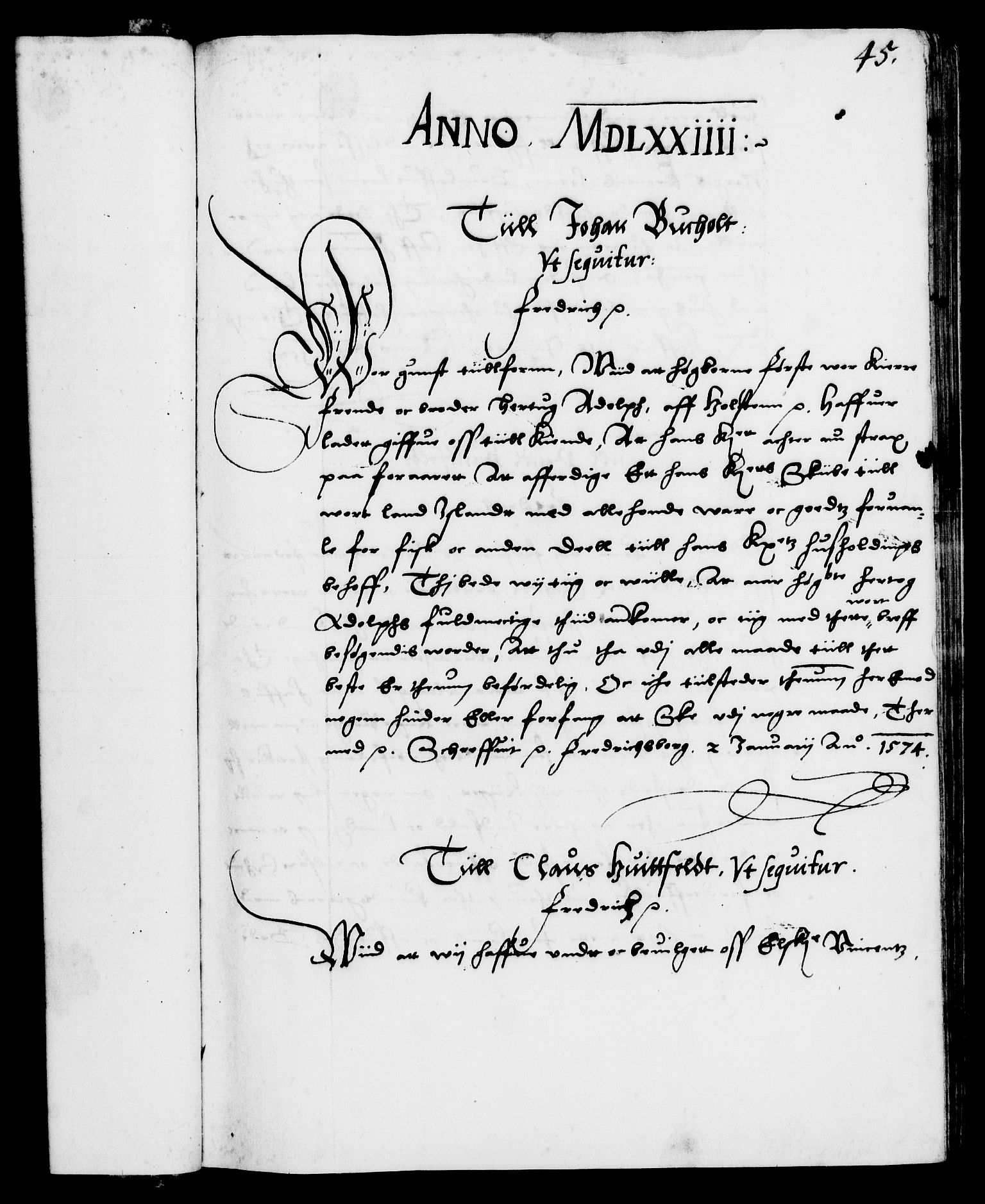 Danske Kanselli 1572-1799, AV/RA-EA-3023/F/Fc/Fca/Fcab/L0001: Norske tegnelser (mikrofilm), 1572-1588, p. 45a