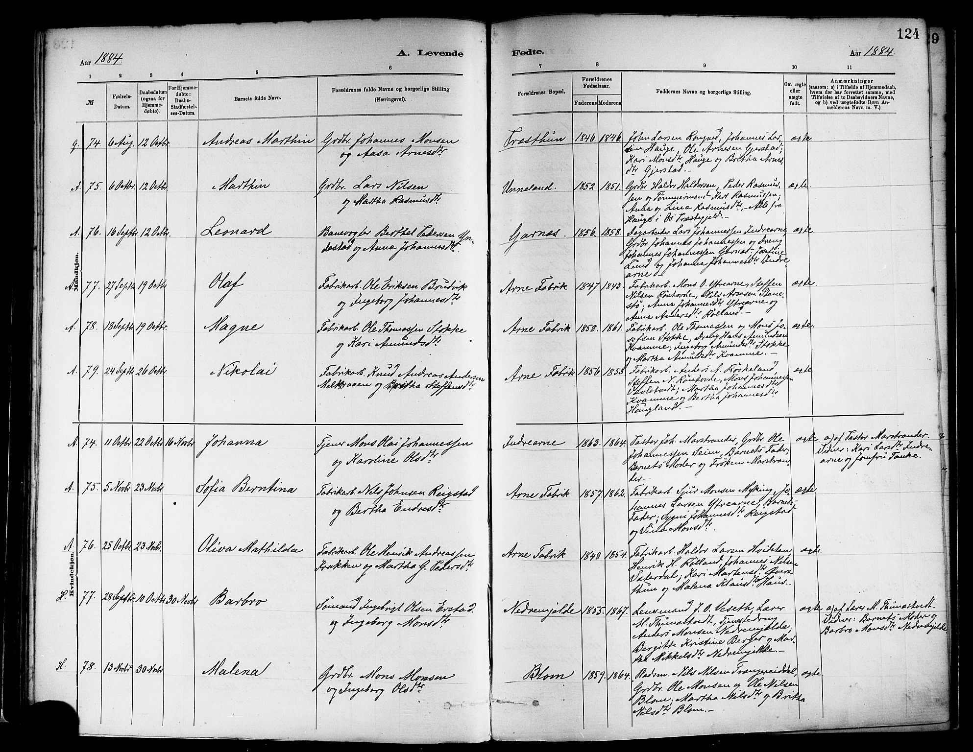 Haus sokneprestembete, SAB/A-75601/H/Haa: Parish register (official) no. A 19I, 1878-1886, p. 124