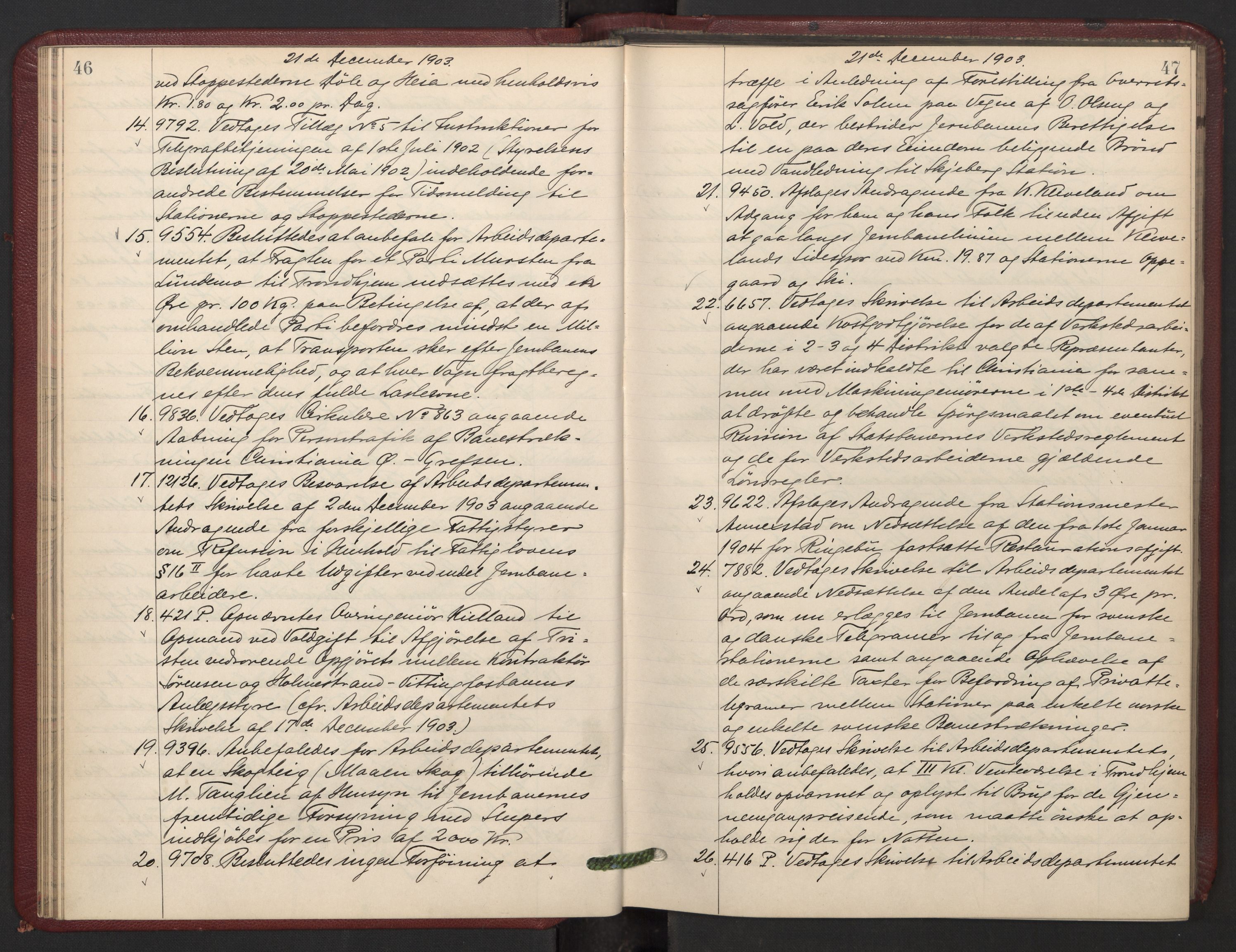 Norges statsbaner, Administrasjons- økonomi- og personalavdelingen, AV/RA-S-3412/A/Aa/L0007: Forhandlingsprotokoll, 1903-1905, p. 46-47