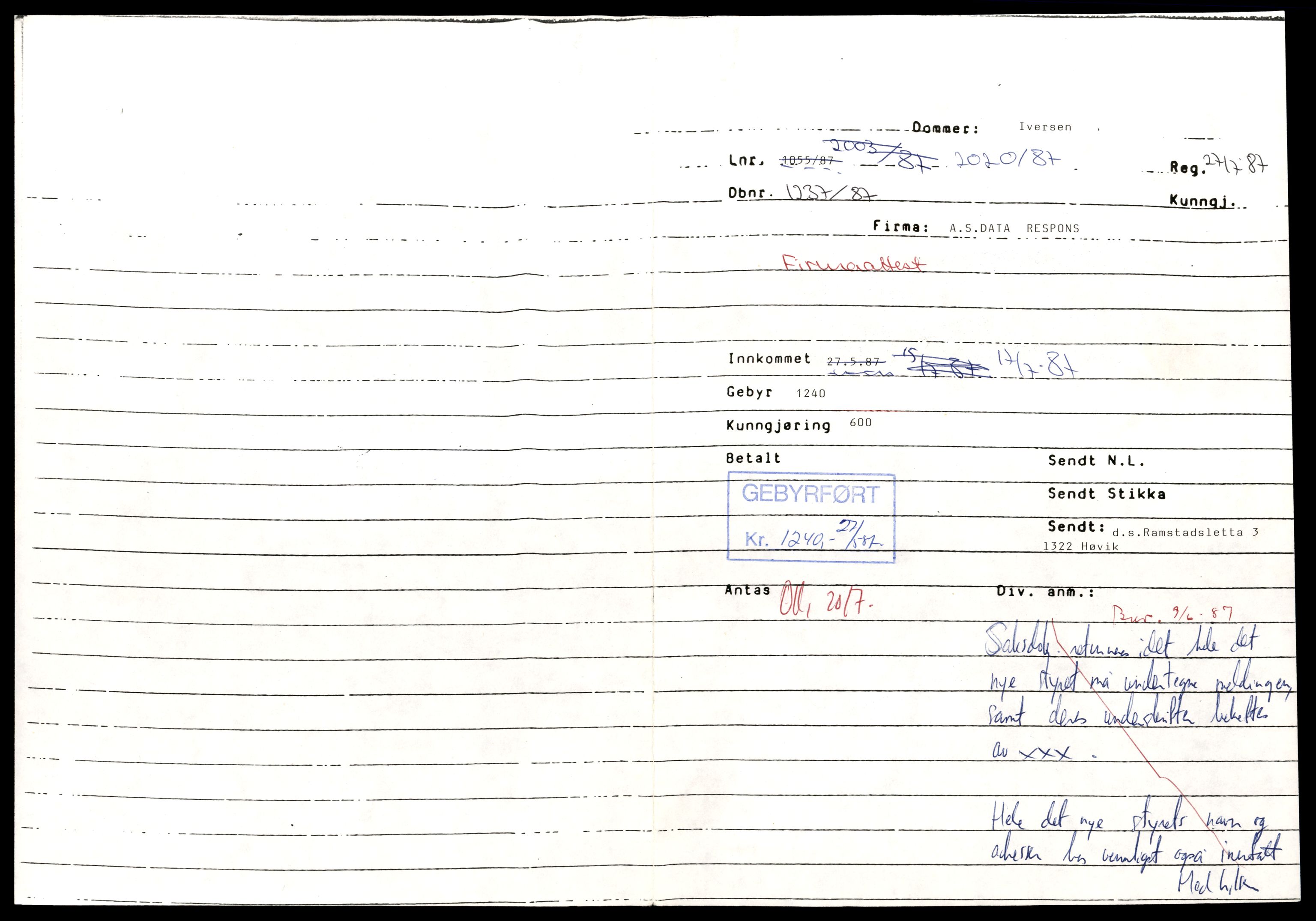 Asker og Bærum tingrett, SAT/A-10379/K/Kb/Kbb/L0067: Aksjeselskap og andelslag i Bærum, Datar - Des, 1961-1989, p. 1