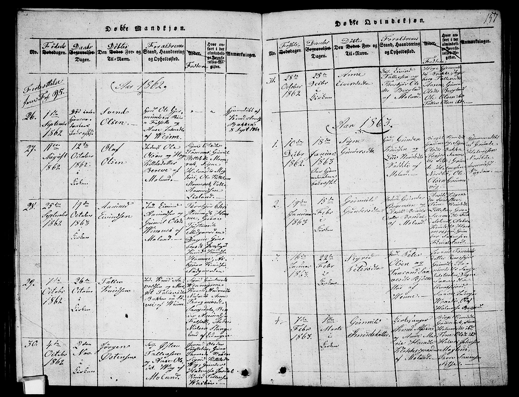 Fyresdal kirkebøker, SAKO/A-263/G/Ga/L0003: Parish register (copy) no. I 3, 1815-1863, p. 157