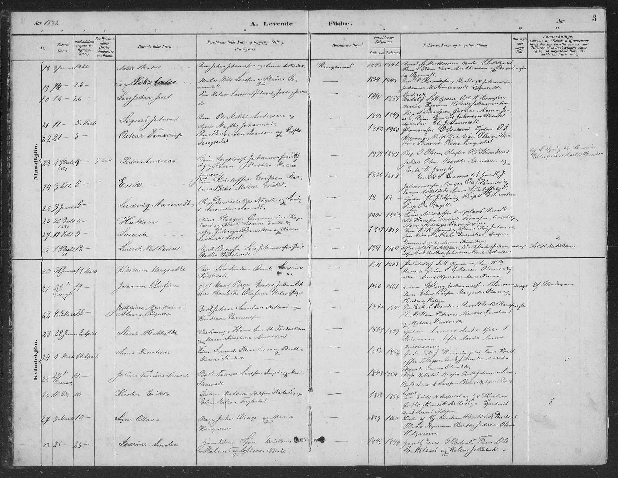 Haugesund sokneprestkontor, AV/SAST-A -101863/H/Ha/Hab/L0002: Parish register (copy) no. B 2, 1881-1894, p. 3