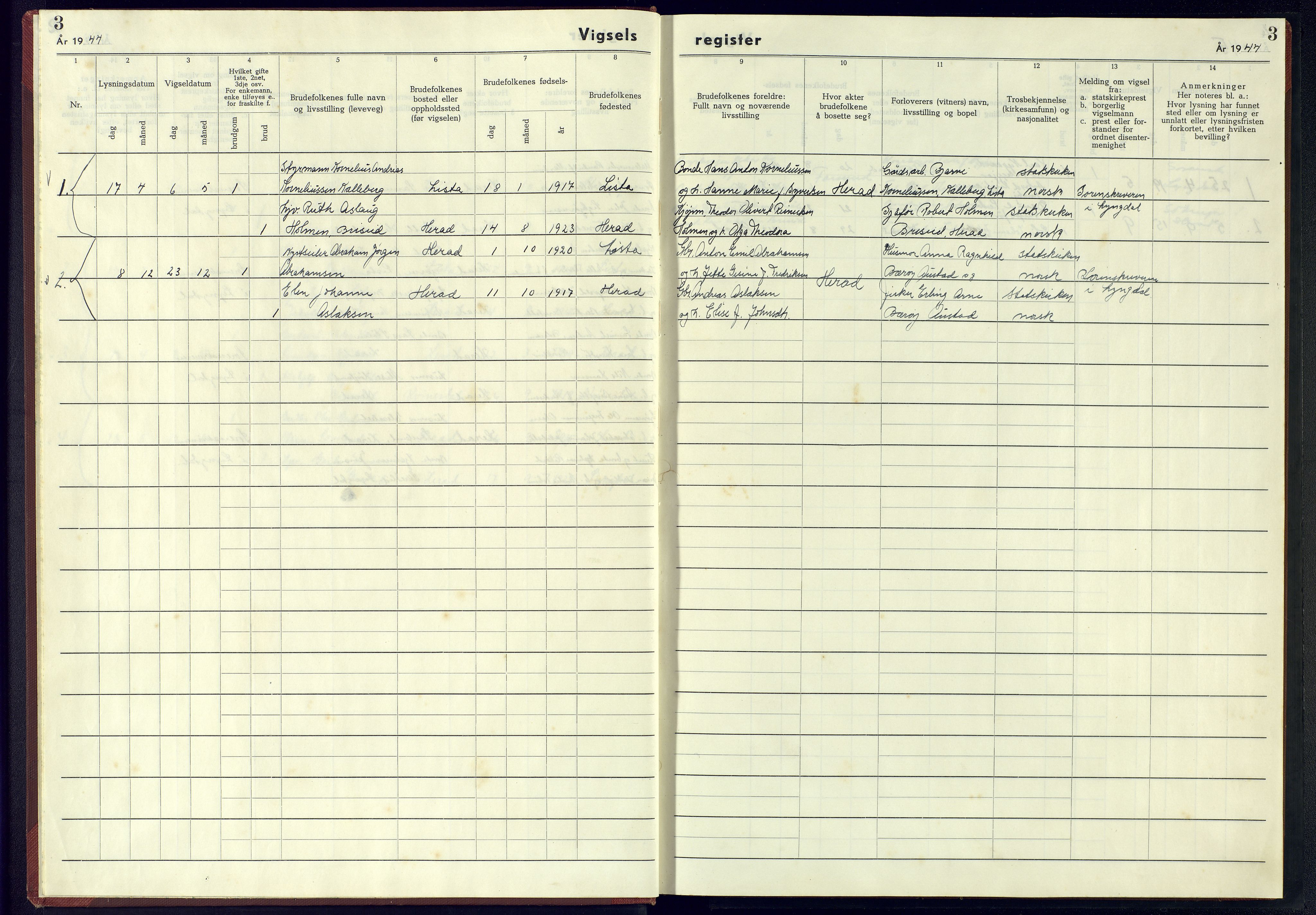 Herad sokneprestkontor, AV/SAK-1111-0018/J/Jb/L0003: Marriage register no. A-VI-4, 1942-1945, p. 3