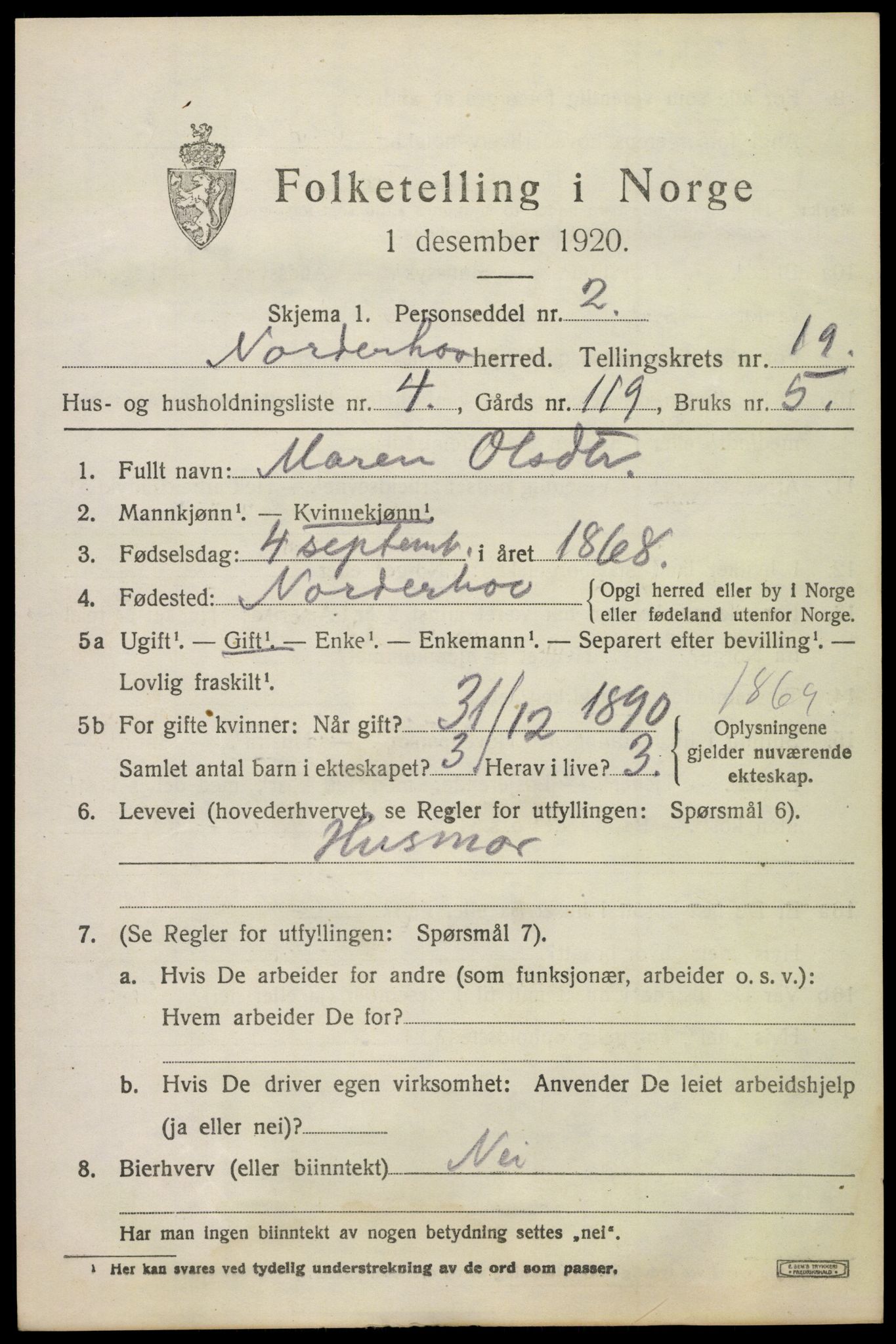 SAKO, 1920 census for Norderhov, 1920, p. 20344