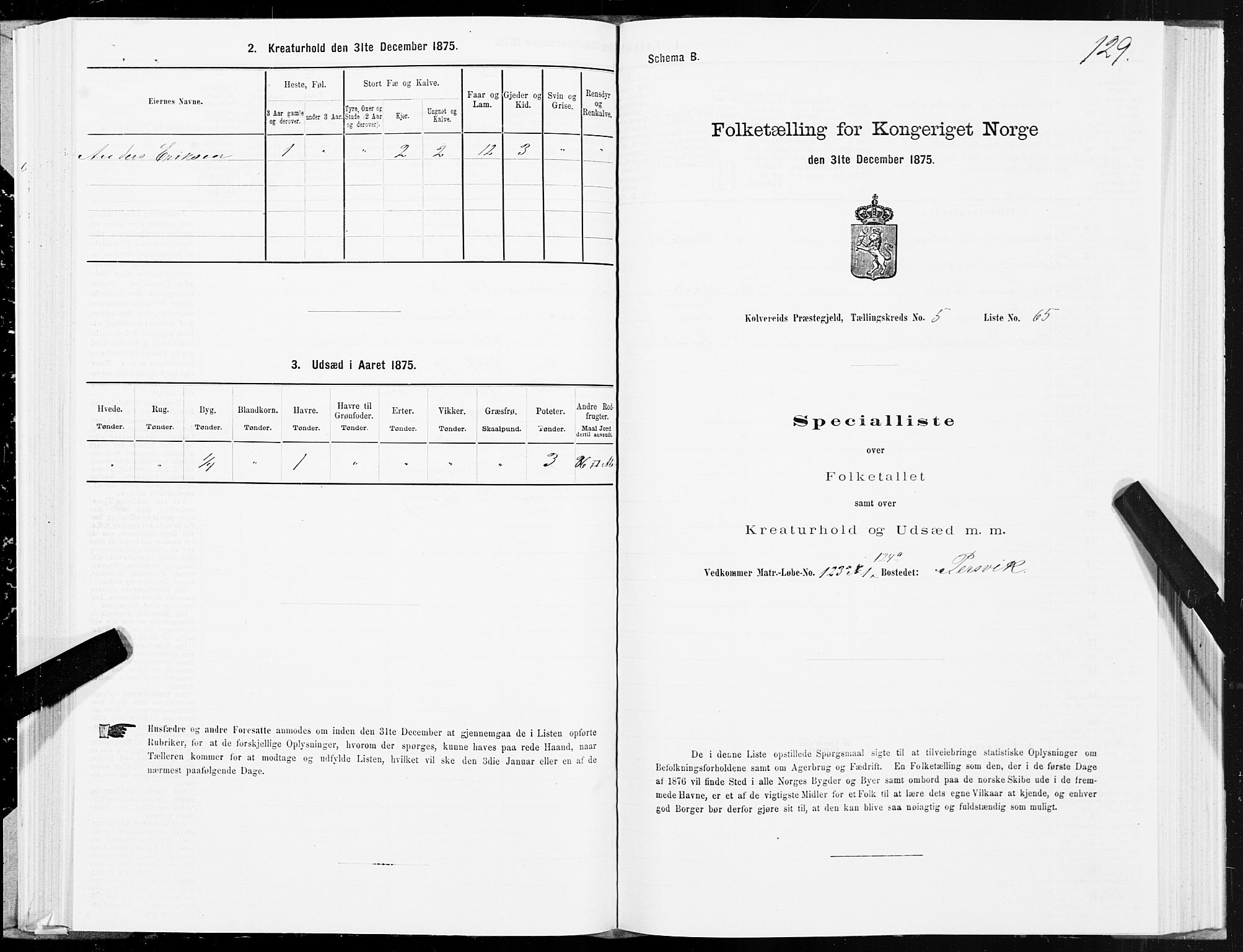 SAT, 1875 census for 1752P Kolvereid, 1875, p. 3129