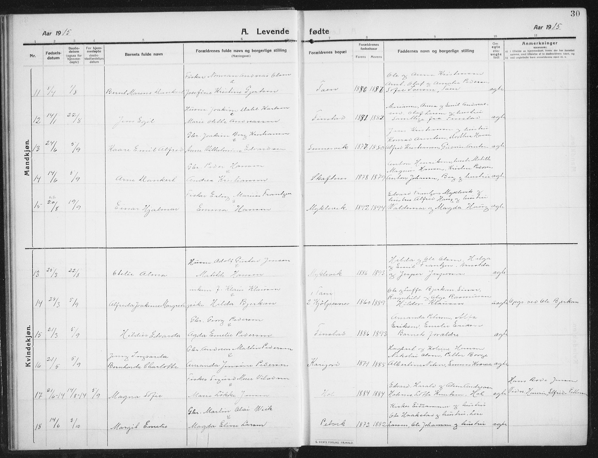 Ministerialprotokoller, klokkerbøker og fødselsregistre - Nordland, AV/SAT-A-1459/882/L1183: Parish register (copy) no. 882C01, 1911-1938, p. 30