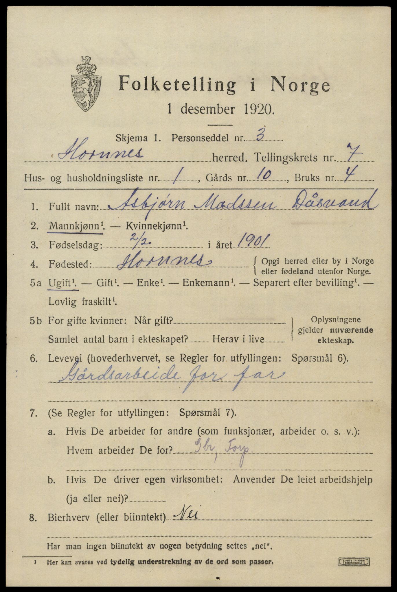 SAK, 1920 census for Hornnes, 1920, p. 1651