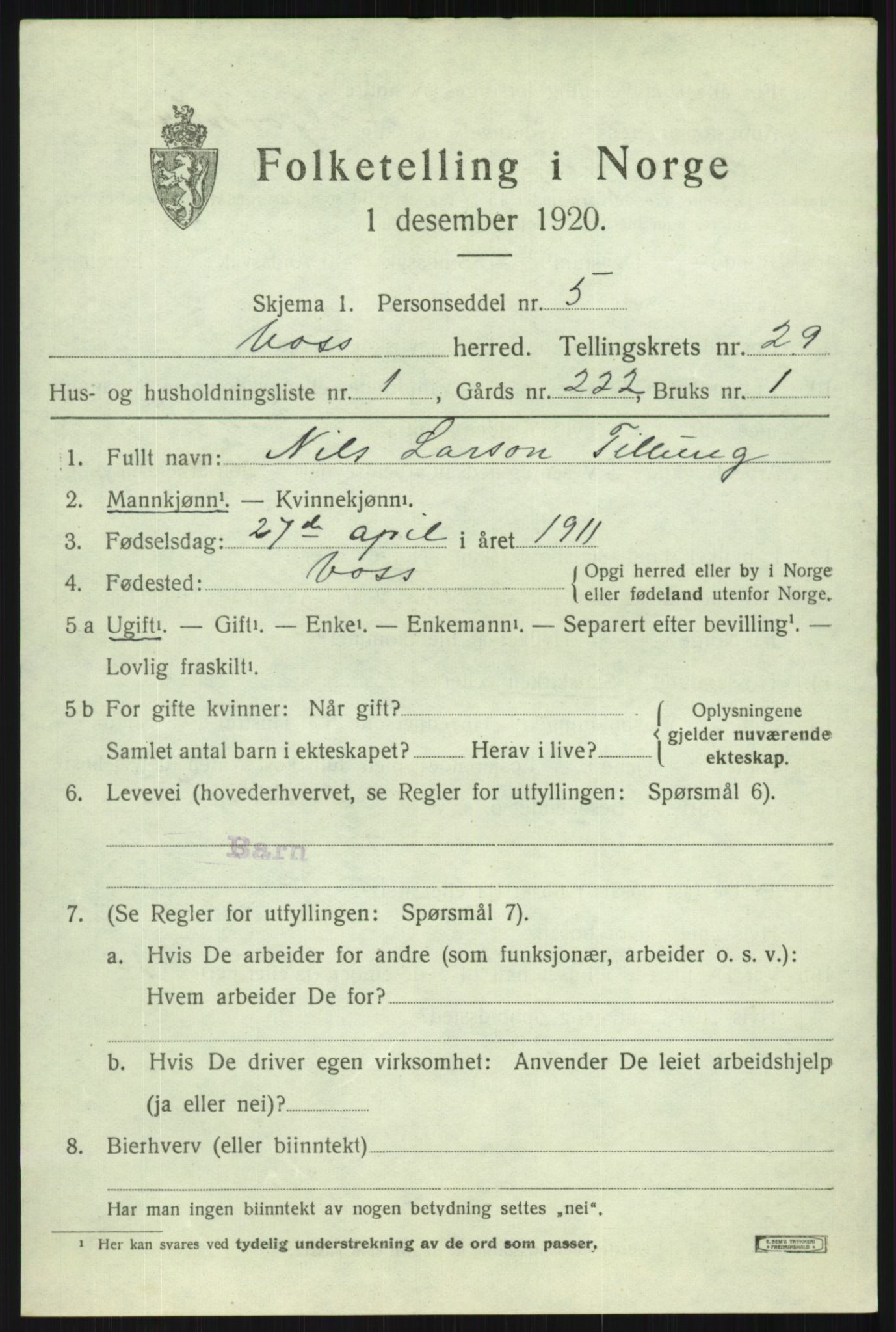 SAB, 1920 census for Voss, 1920, p. 19267