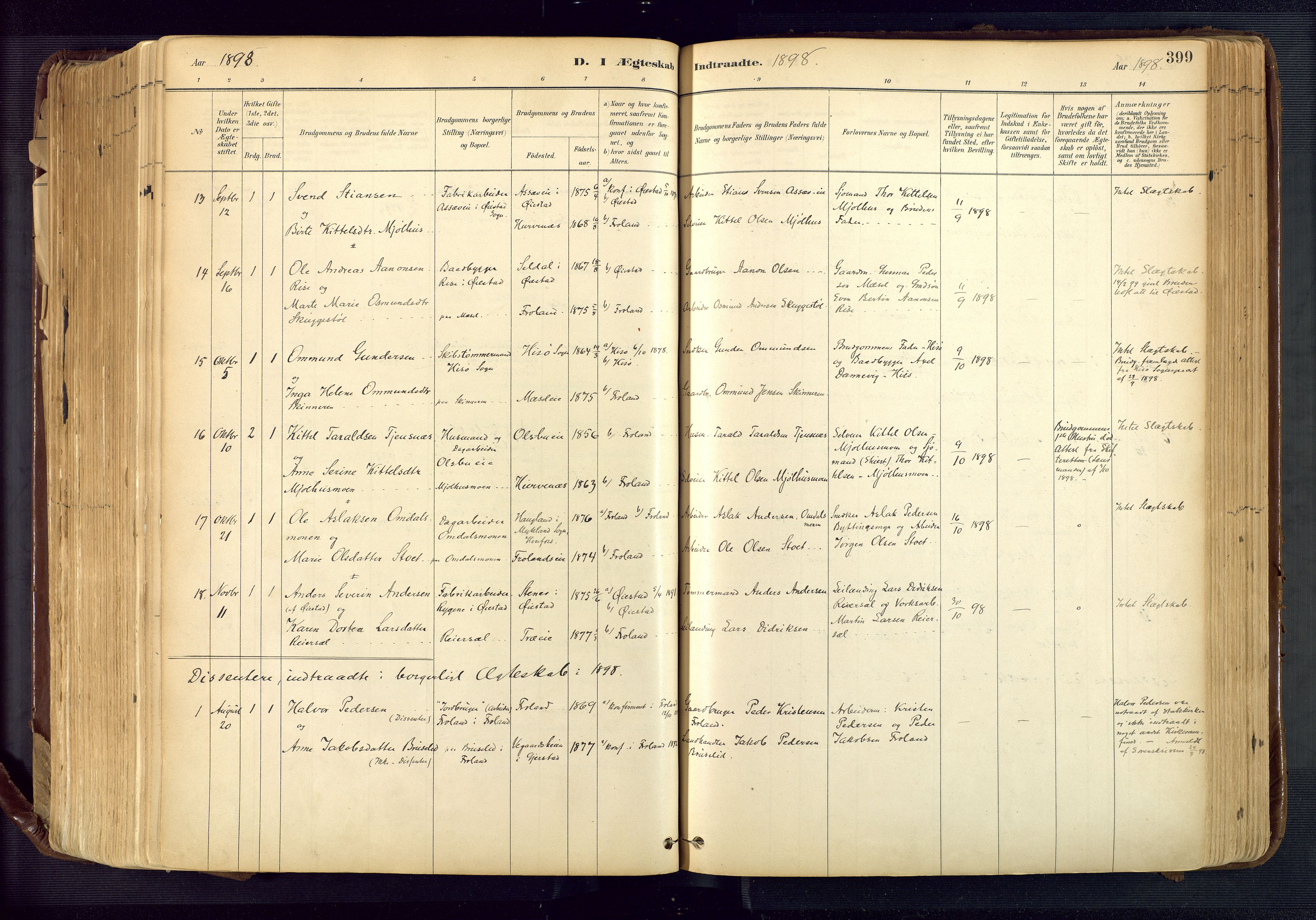 Froland sokneprestkontor, SAK/1111-0013/F/Fa/L0005: Parish register (official) no. A 5, 1882-1921, p. 399